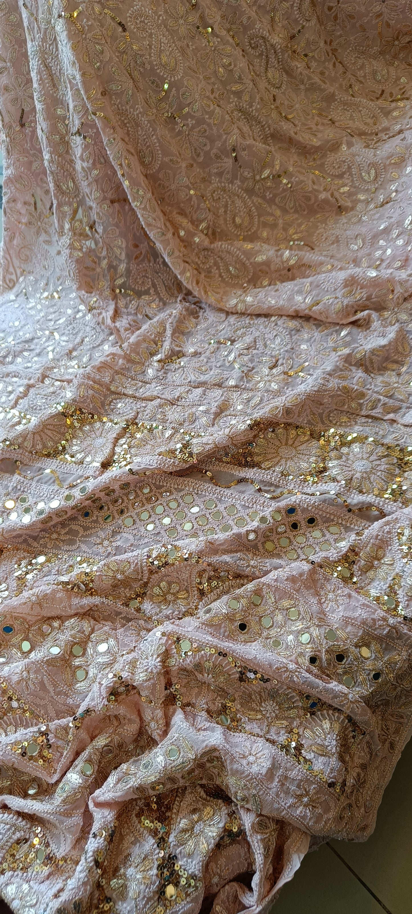 Ruhani Dusty Pink Allover Chikankari Sequins Mirror Gota Saree