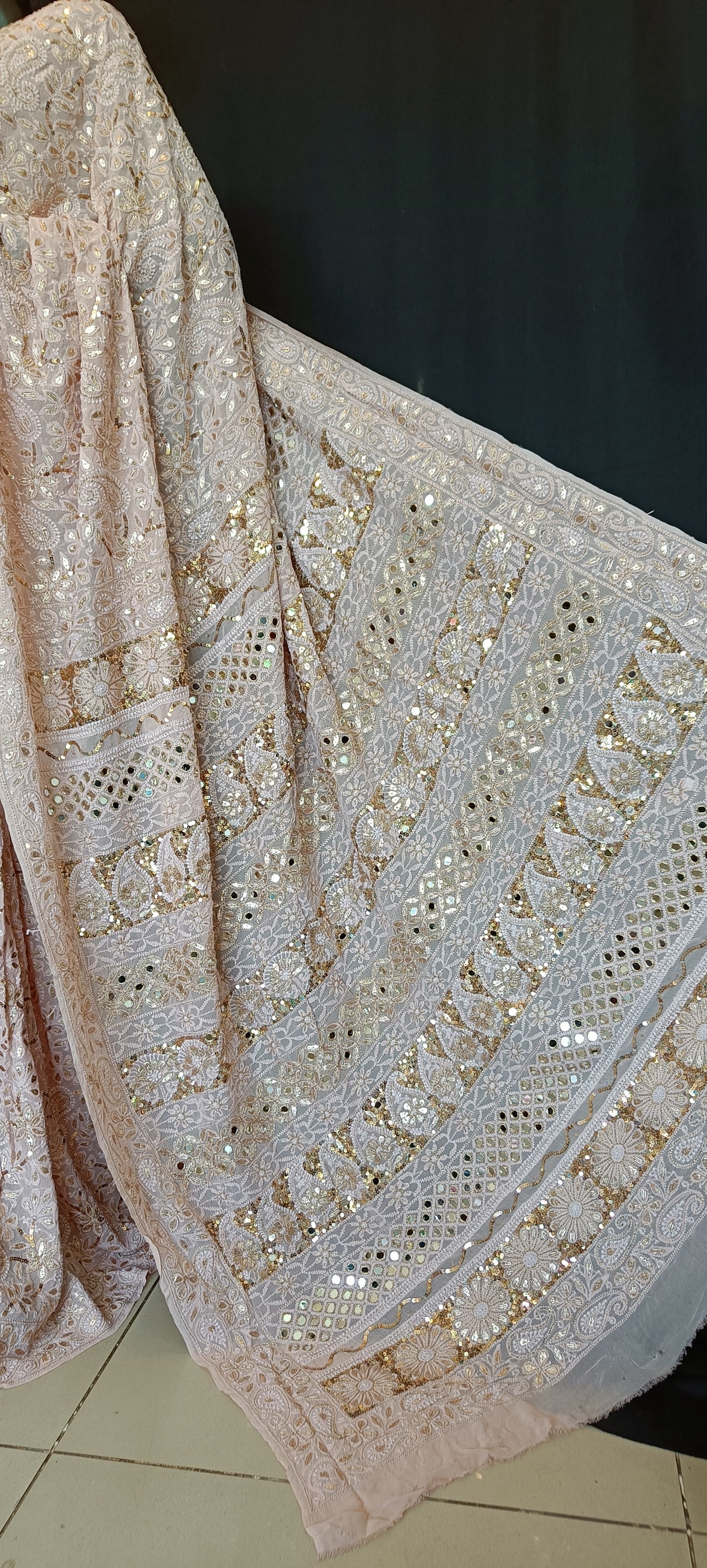 Ruhani Dusty Pink Allover Chikankari Sequins Mirror Gota Saree