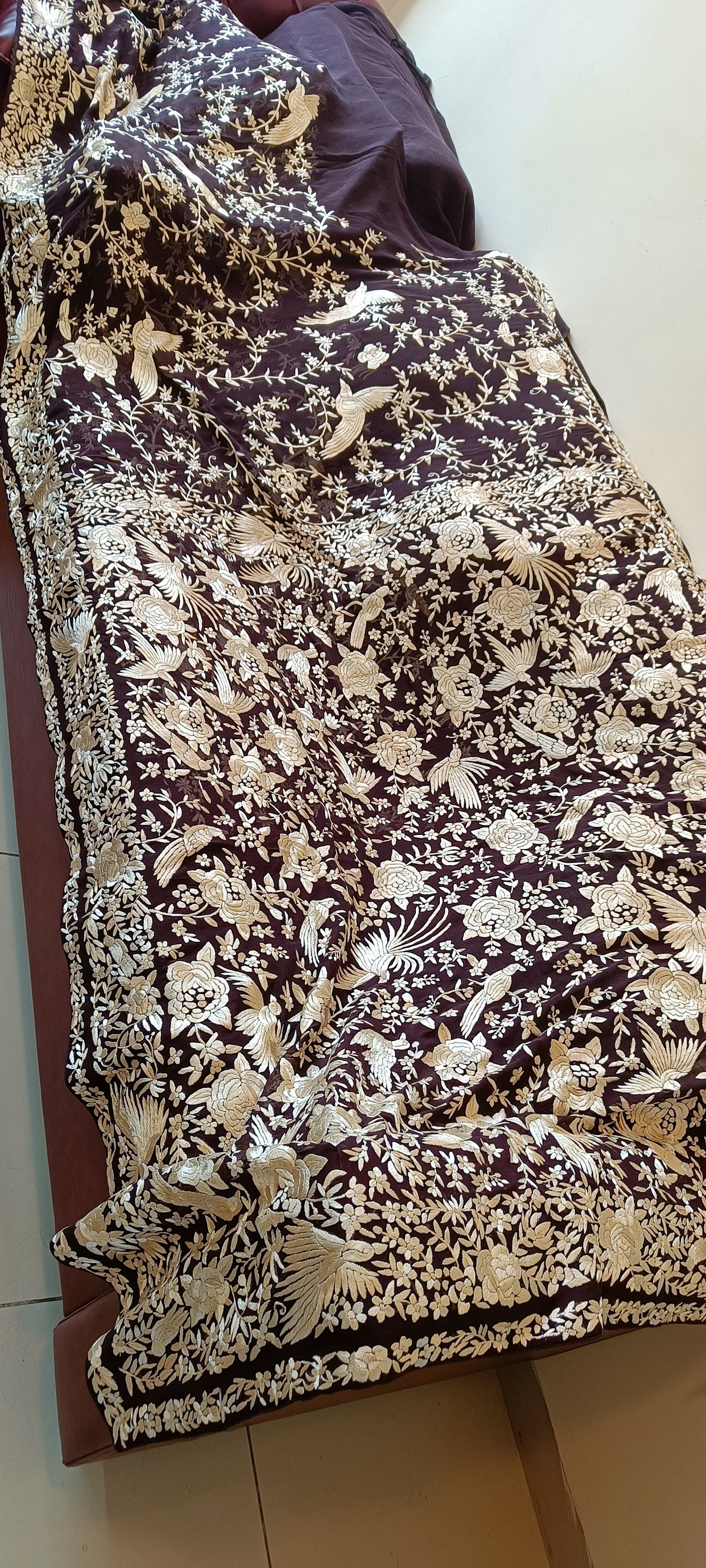 Masterpiece Coffee Brown Parsi Gara Allover Hand Embroidered Saree on Pure Georgette