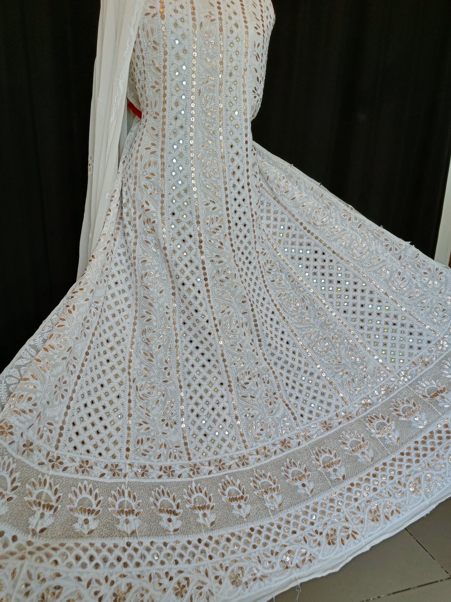 White Chikankari and mirror work anarkali with dupatta