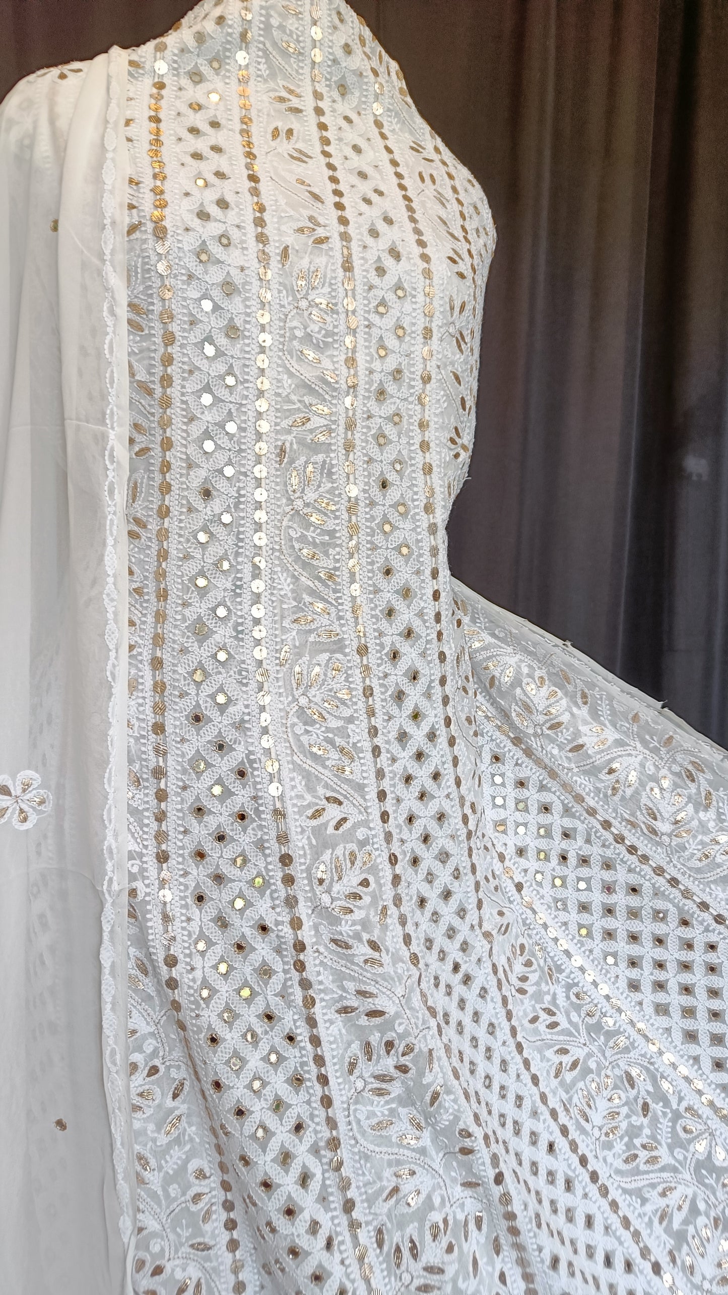 White Chikankari and mirror work anarkali with dupatta