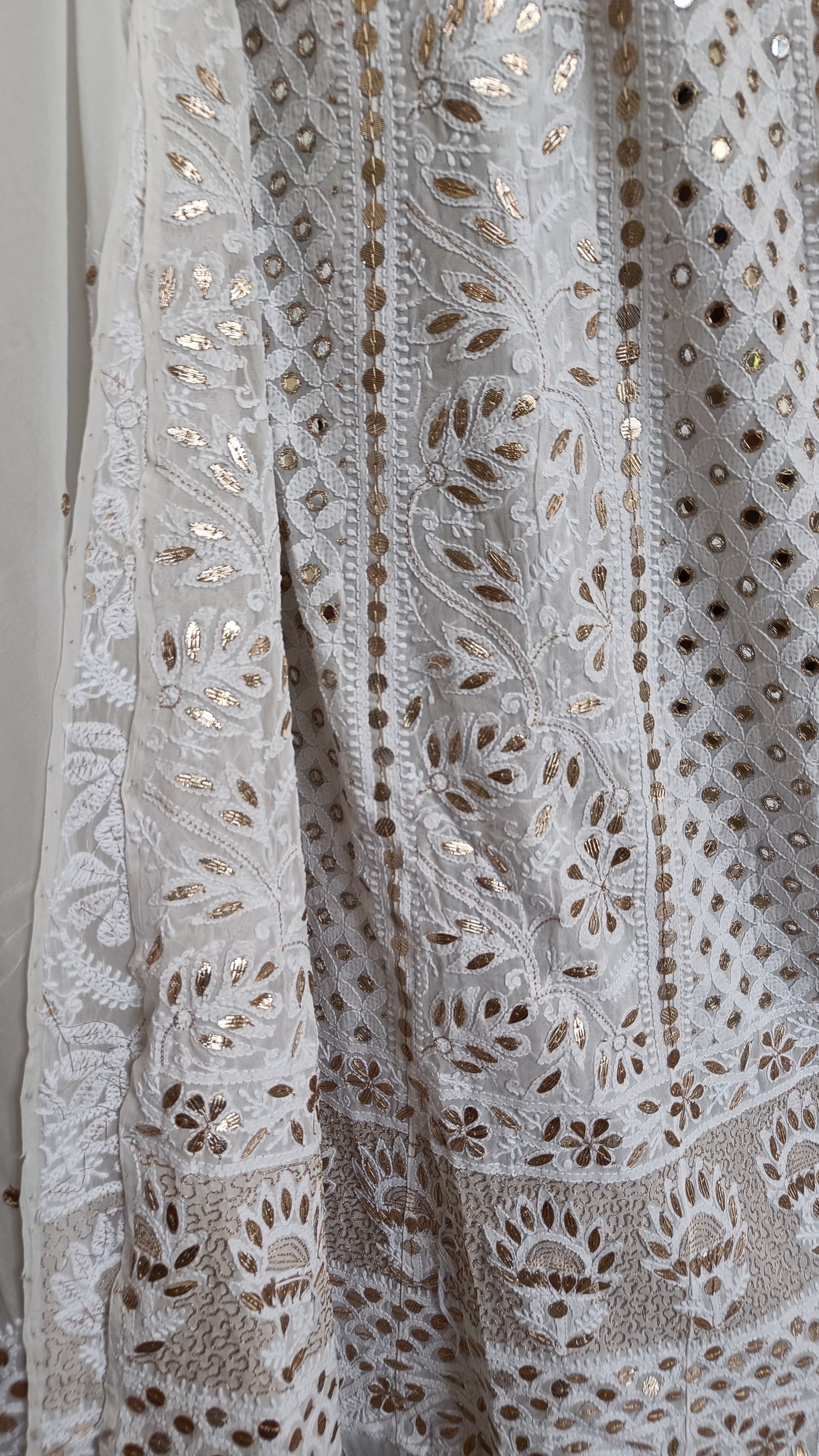White Chikankari and mirror work anarkali with dupatta