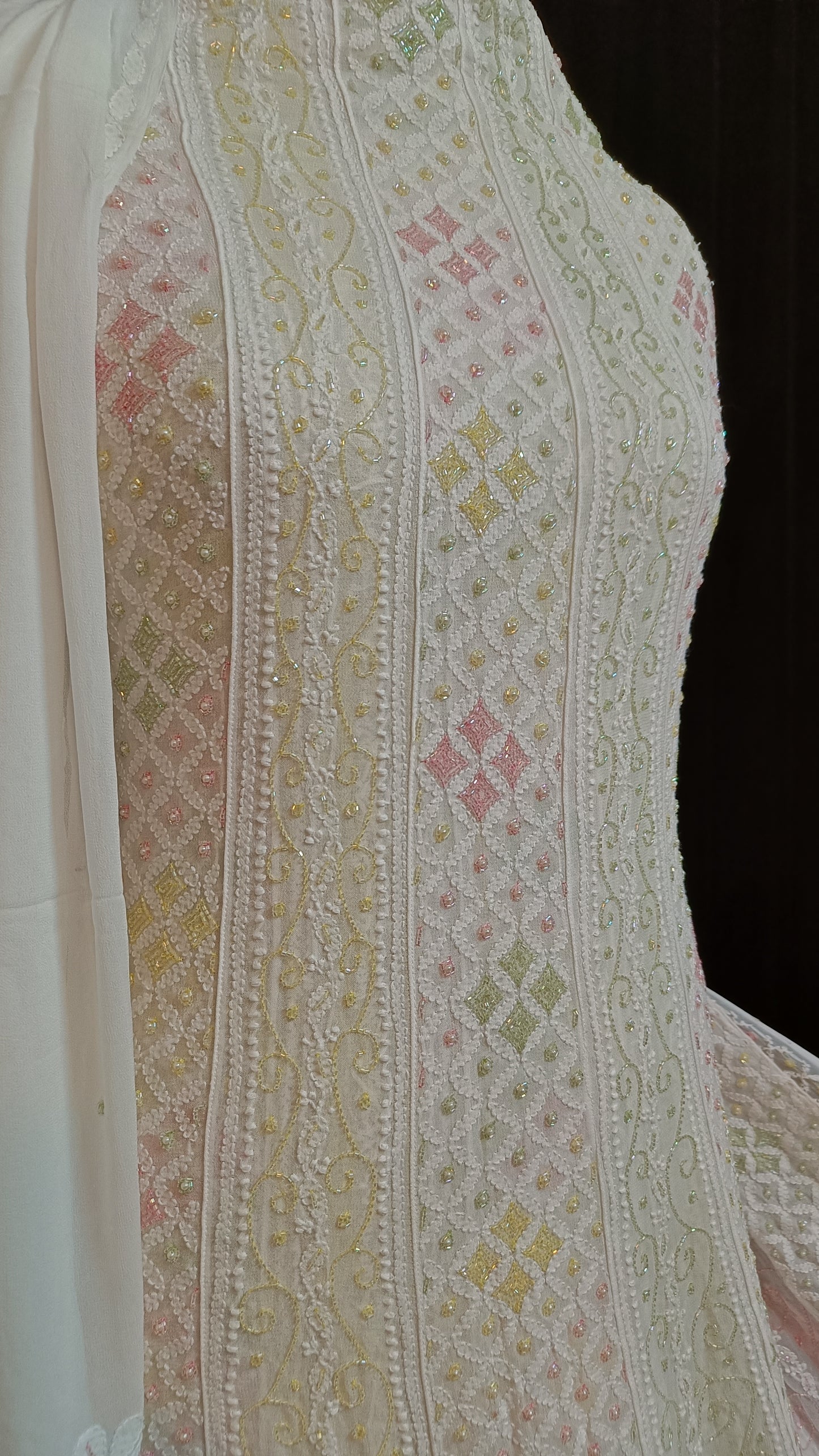 White Chikankari and Multicolored Cut Dana and Pearl Work Anarkali
