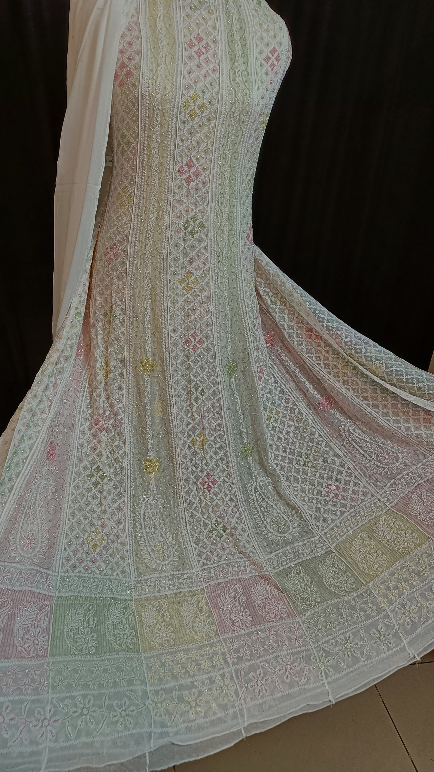 White Chikankari and Multicolored Cut Dana and Pearl Work Anarkali