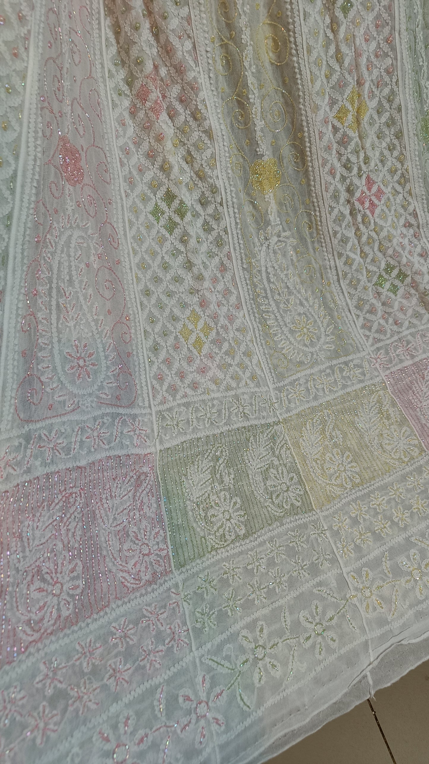 White Chikankari and Multicolored Cut Dana and Pearl Work Anarkali