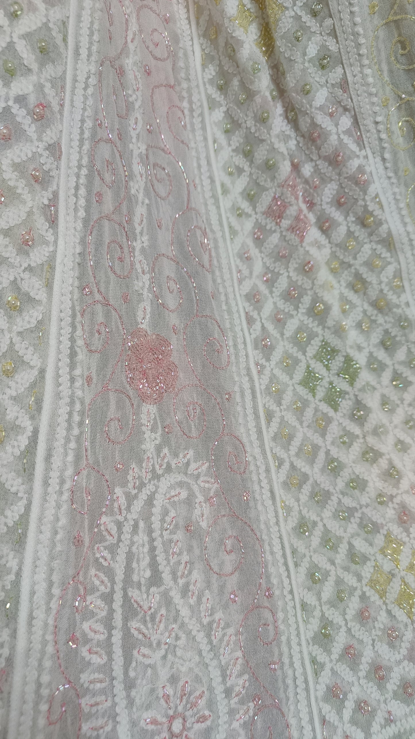 White Chikankari and Multicolored Cut Dana and Pearl Work Anarkali