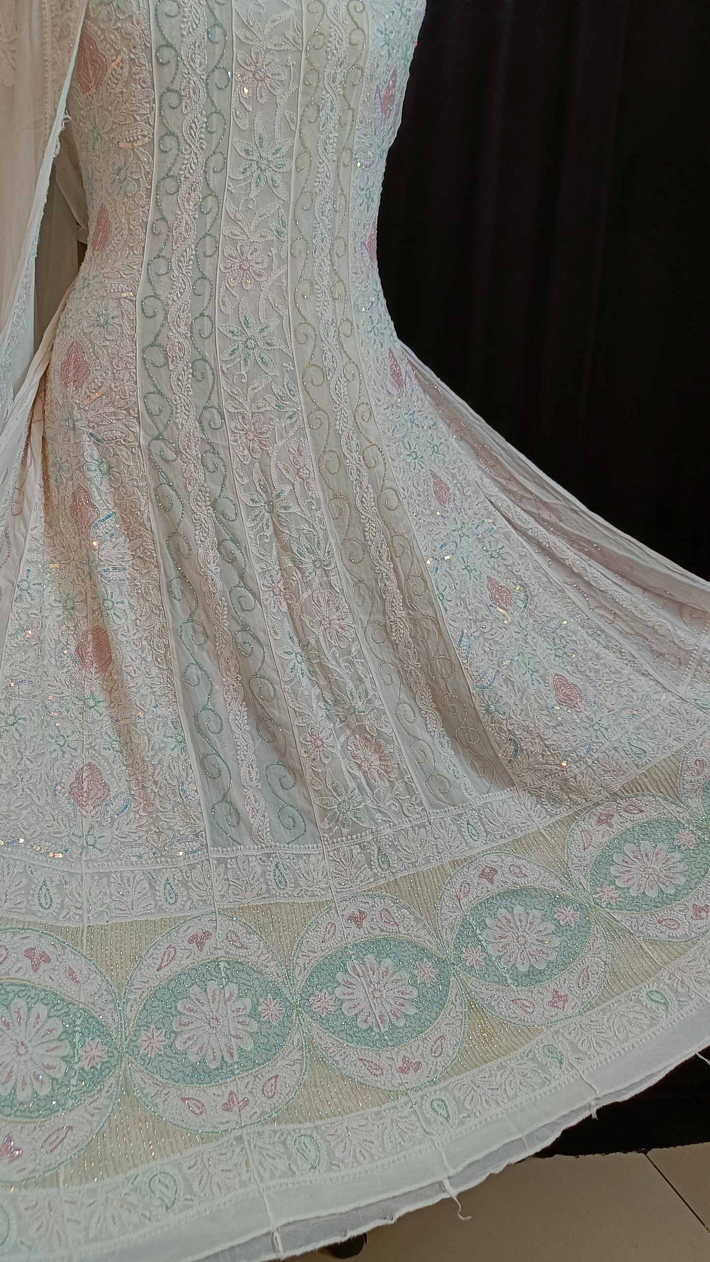 White Chikankari and Multicolored Cut Dana and Pearl Work Anarkali