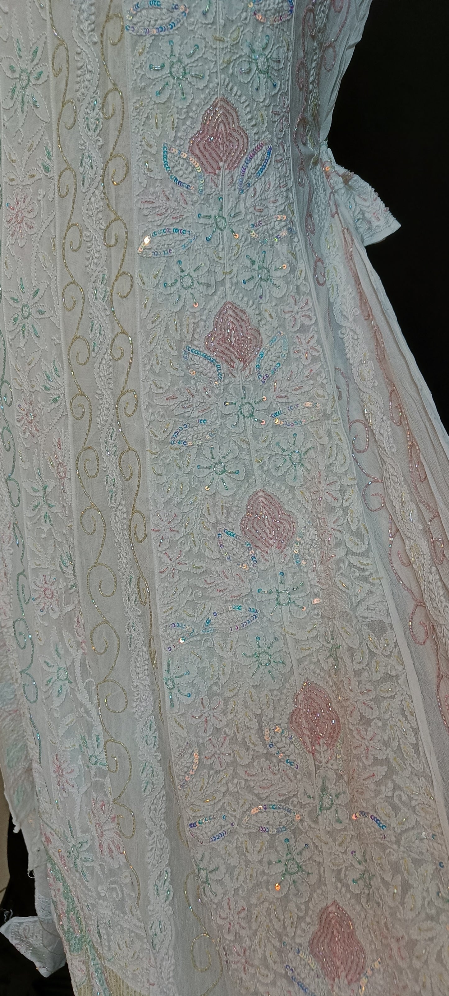 White Chikankari and Multicolored Cut Dana and Pearl Work Anarkali