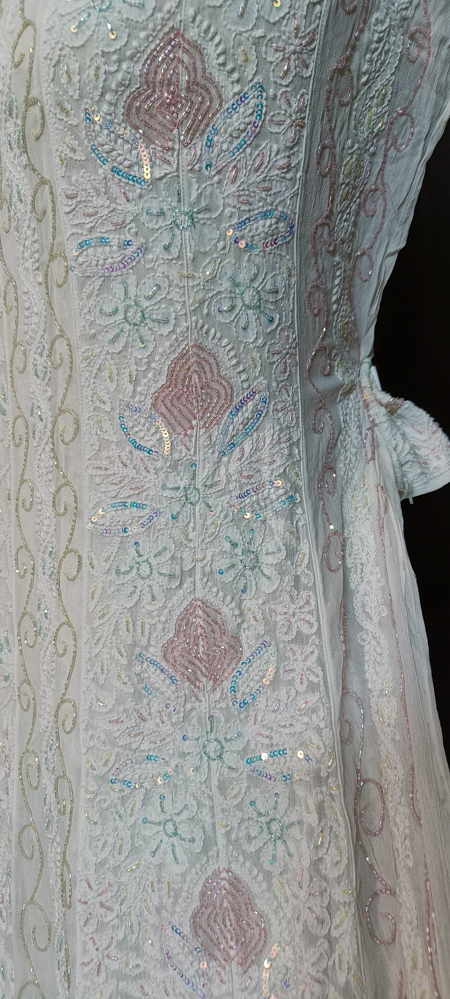White Chikankari and Multicolored Cut Dana and Pearl Work Anarkali