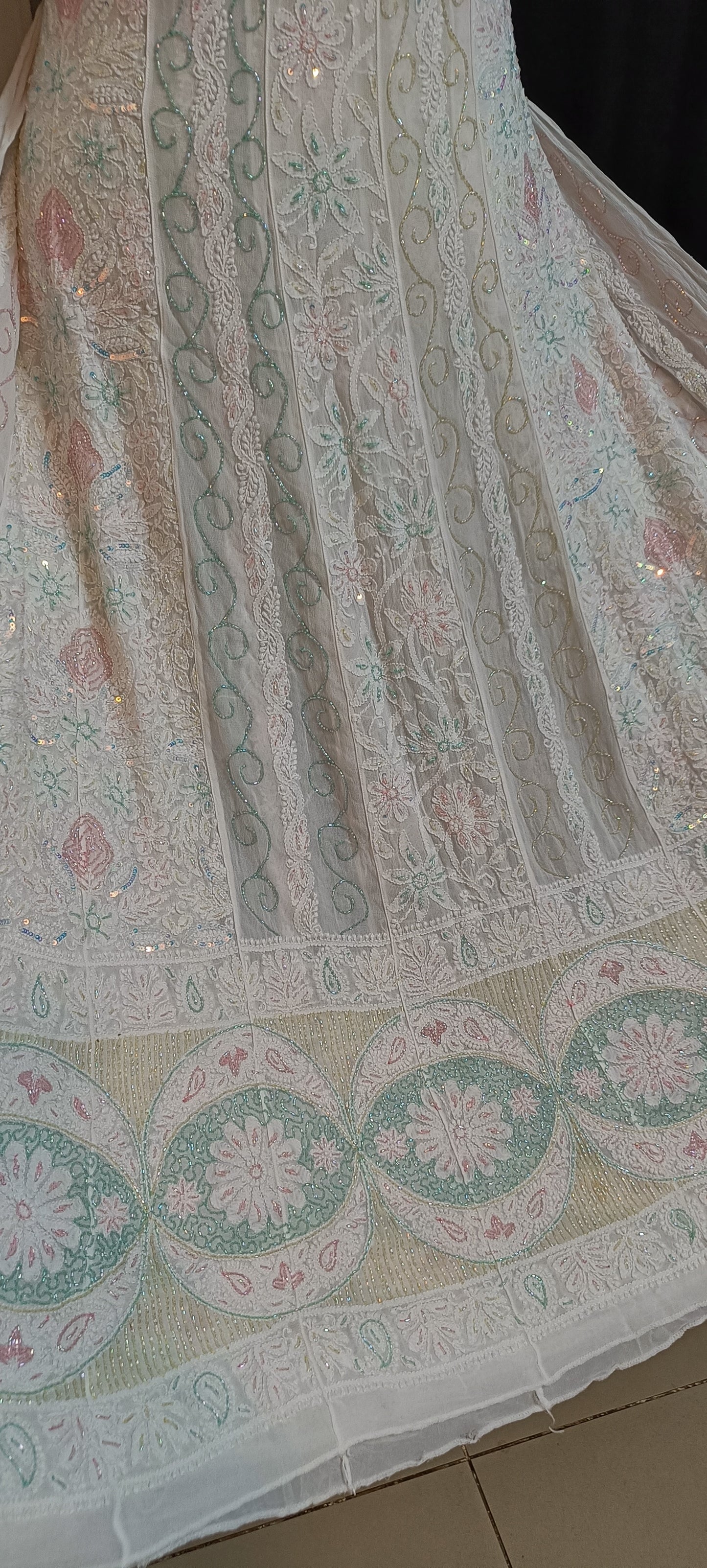White Chikankari and Multicolored Cut Dana and Pearl Work Anarkali