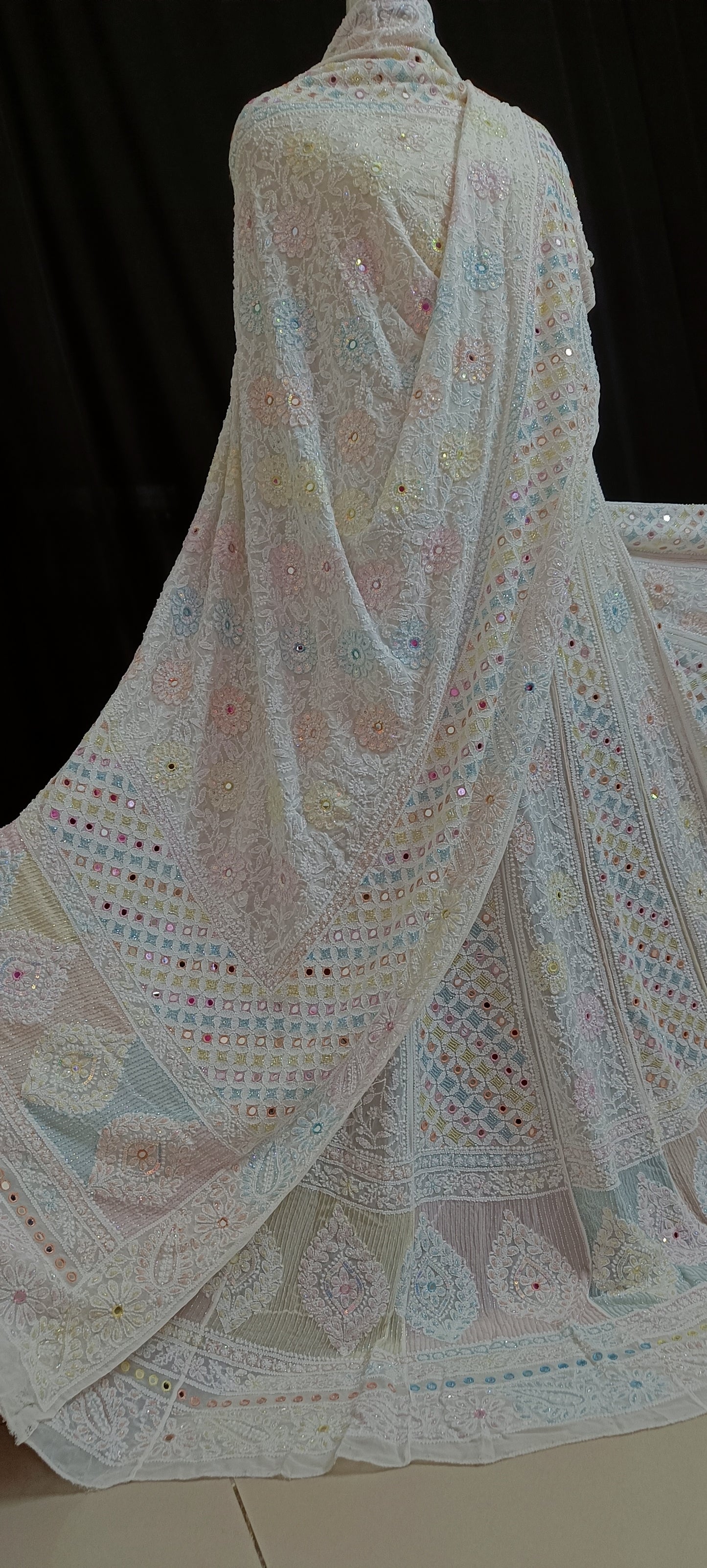 Ruhani Ivory Chikankari Mirror Multicolored Cut Dana Sequins Wedding Lehenga
