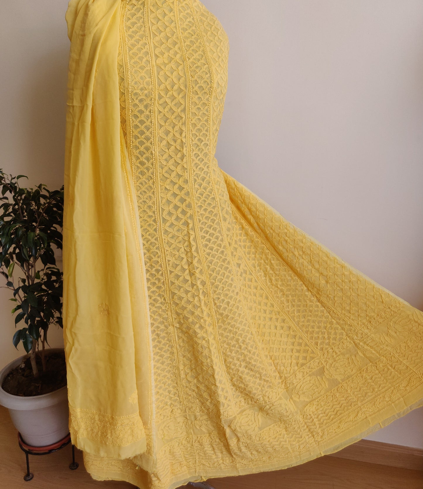 Yellow Allover Chikankari anarkali with dupatta