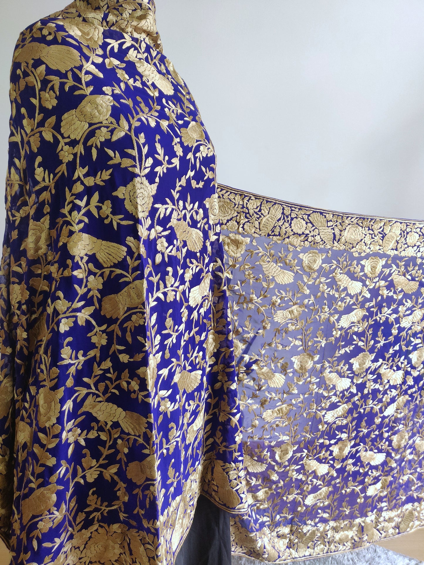 Zeebah royal blue pure georgette heirloom dupatta with allover masterpiece parsi gara