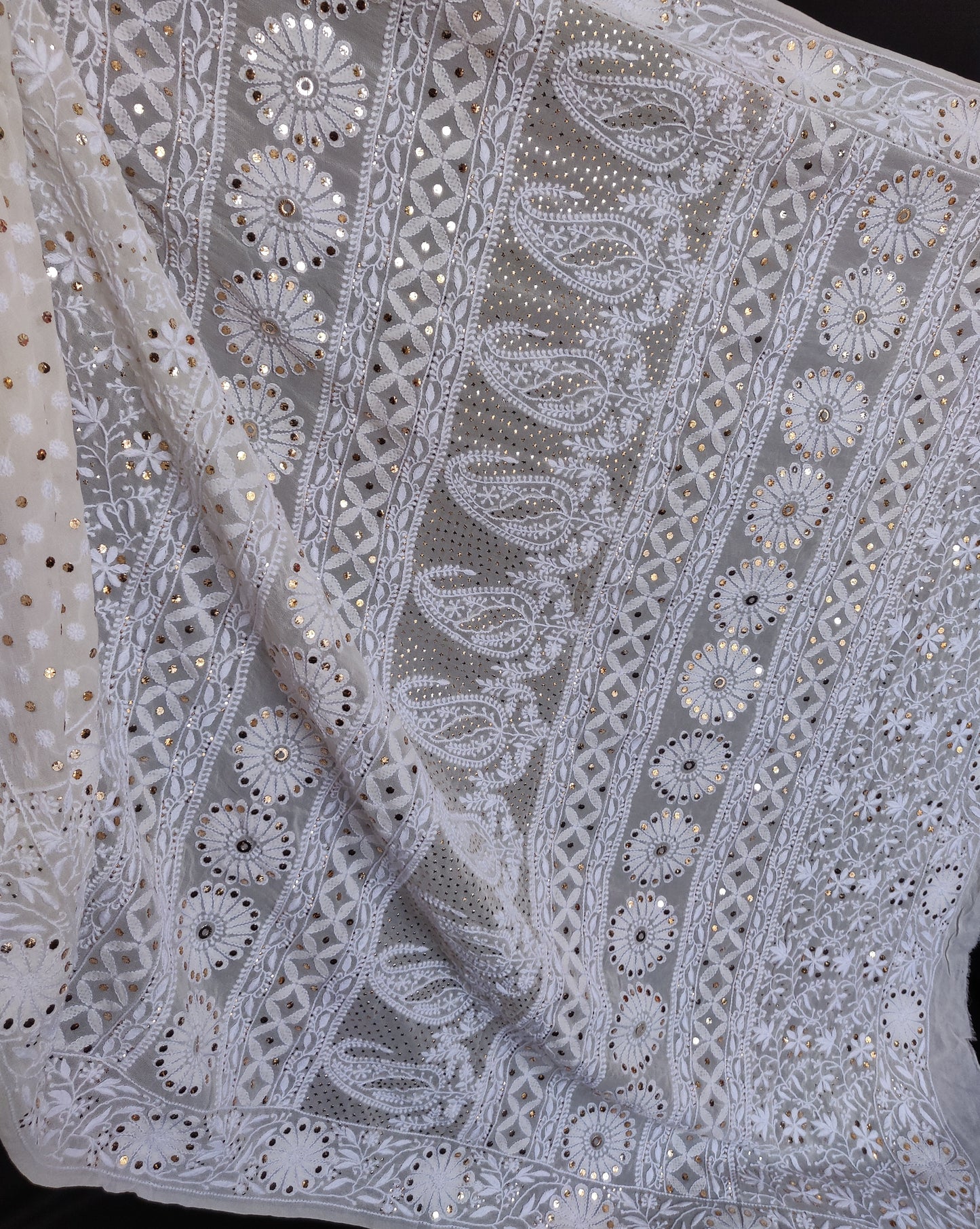 Ruhani fine allover Chikankari keel and 3 taar with mukaish pure georgette saree