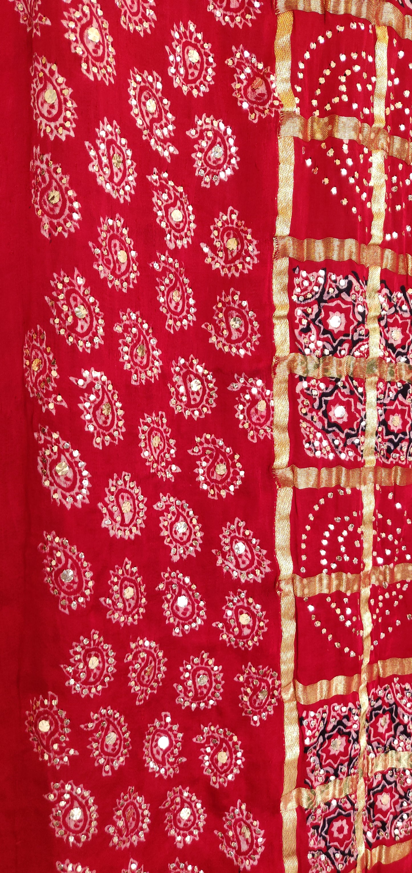 Red modal silk gharchola ajrakh block printed dupatta with heavy mukaish