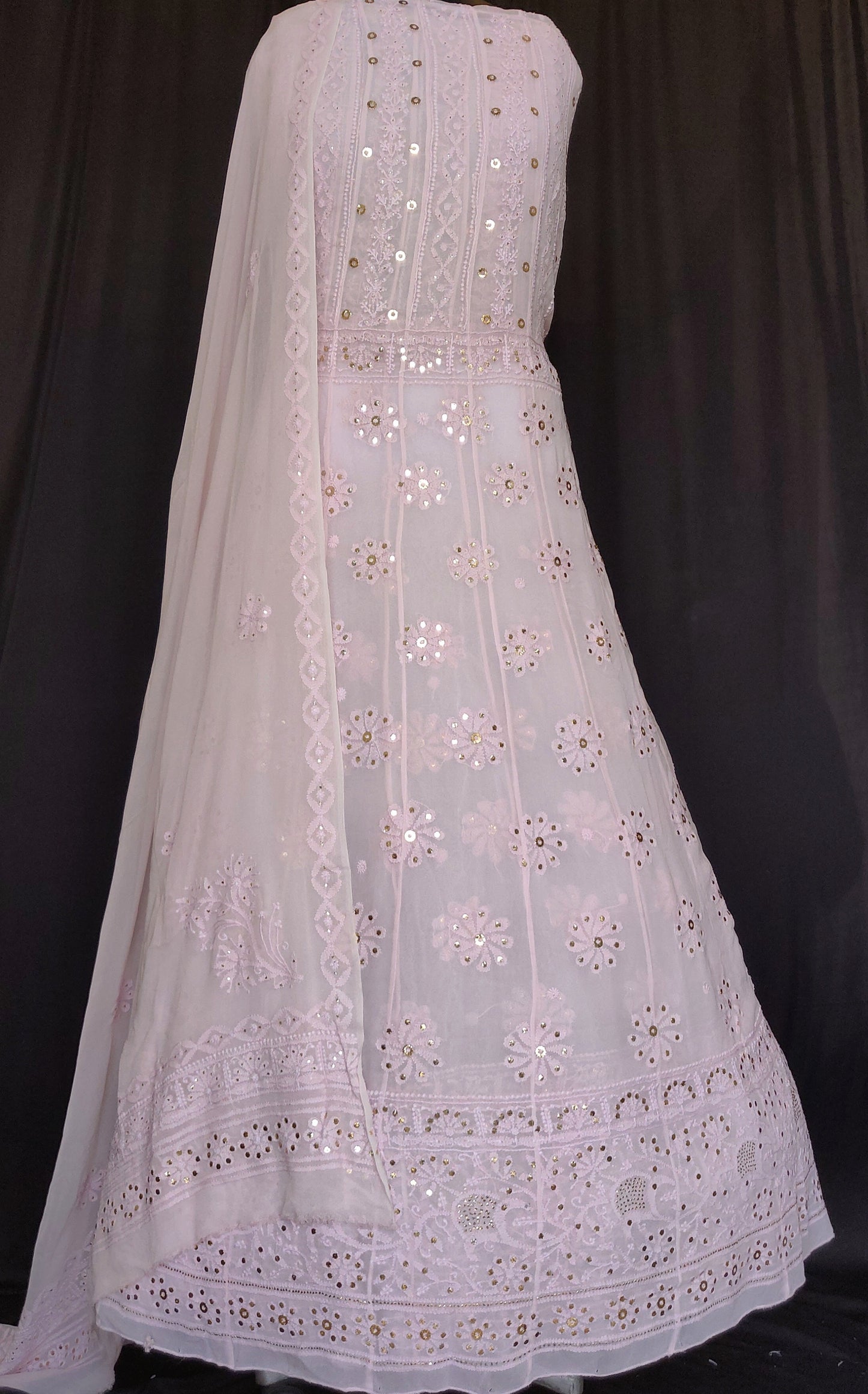 nude pink Chikankari and mukaish anarkali with dupatta
