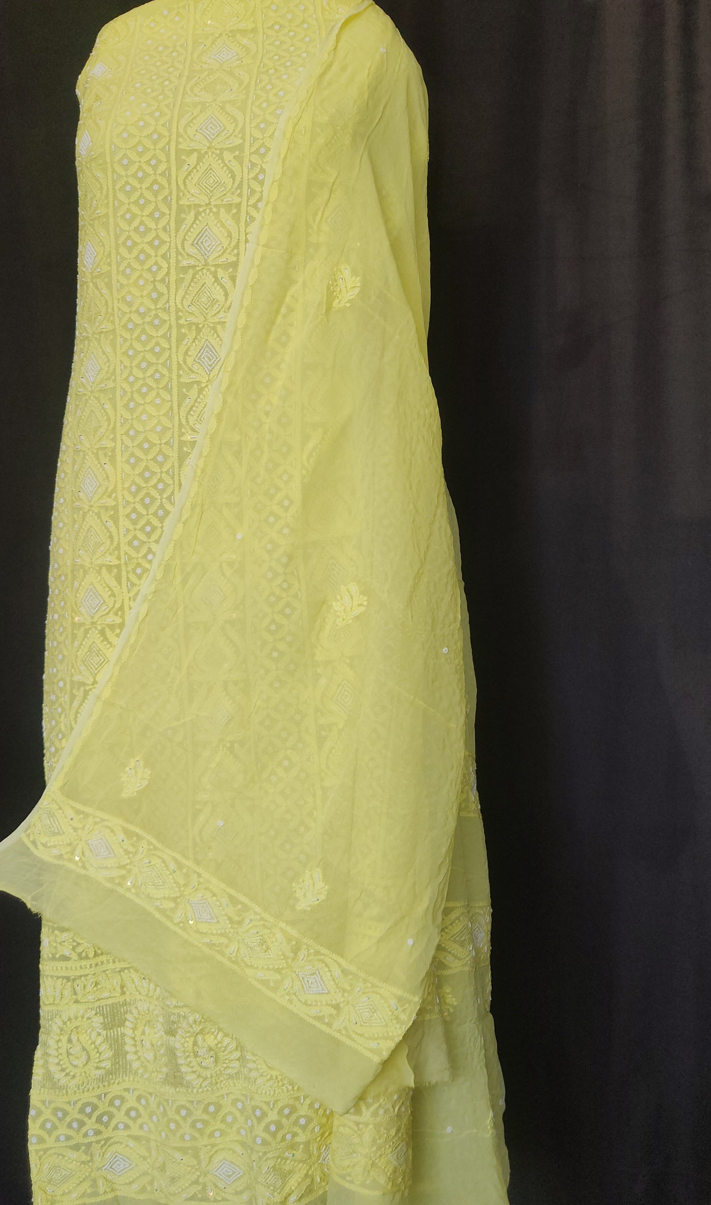 Lemon yellow Chikankari and pearl beads kurta and dupatta