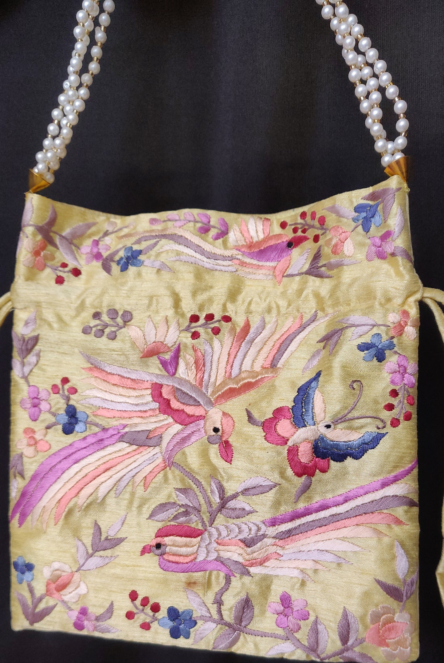 Lemon Yellow Hand Embroidered Parsi Gara Potli