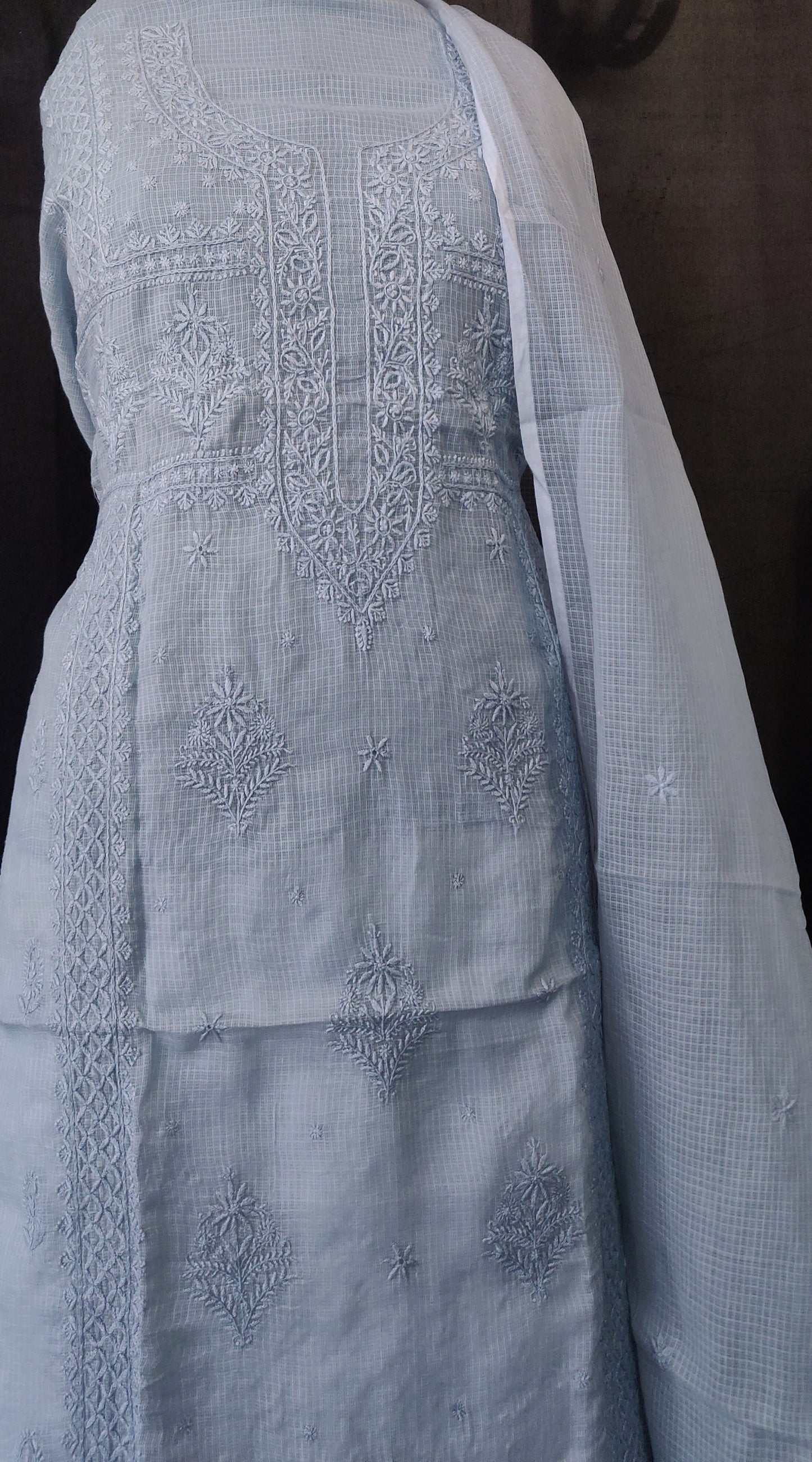 Grey Kota Cotton Kurta and Dupatta set with fine Chikankari