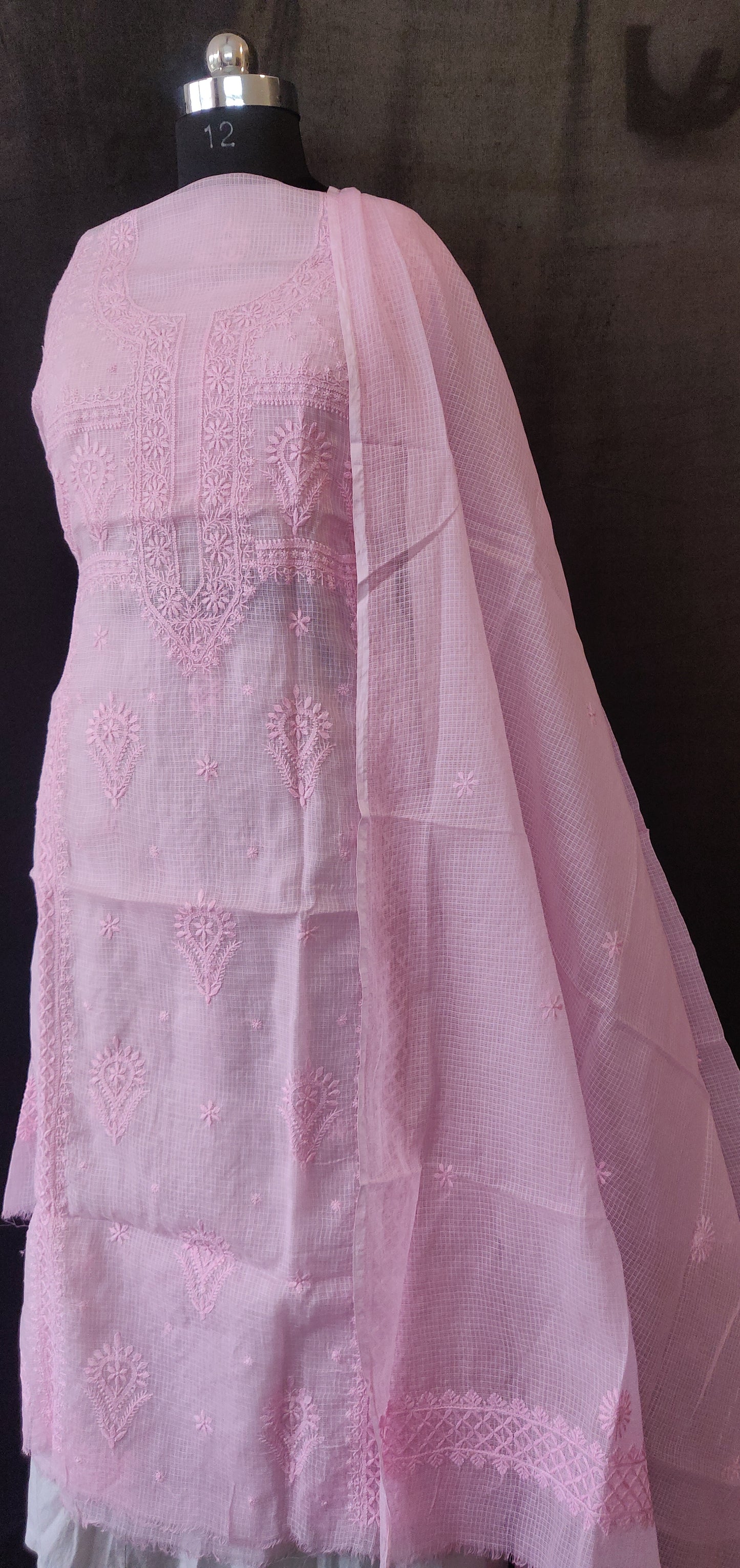 Pink Kota Cotton Kurta and Dupatta set with fine Chikankari