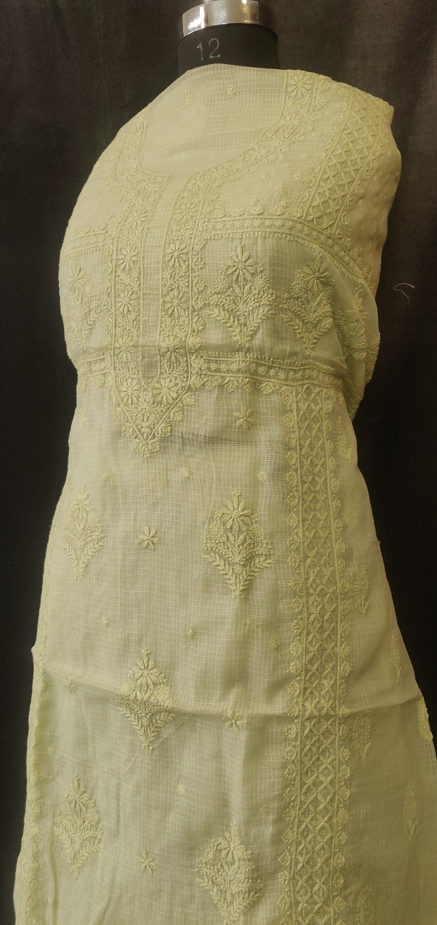 Lime Green Kota Cotton Kurta and Dupatta set with fine Chikankari