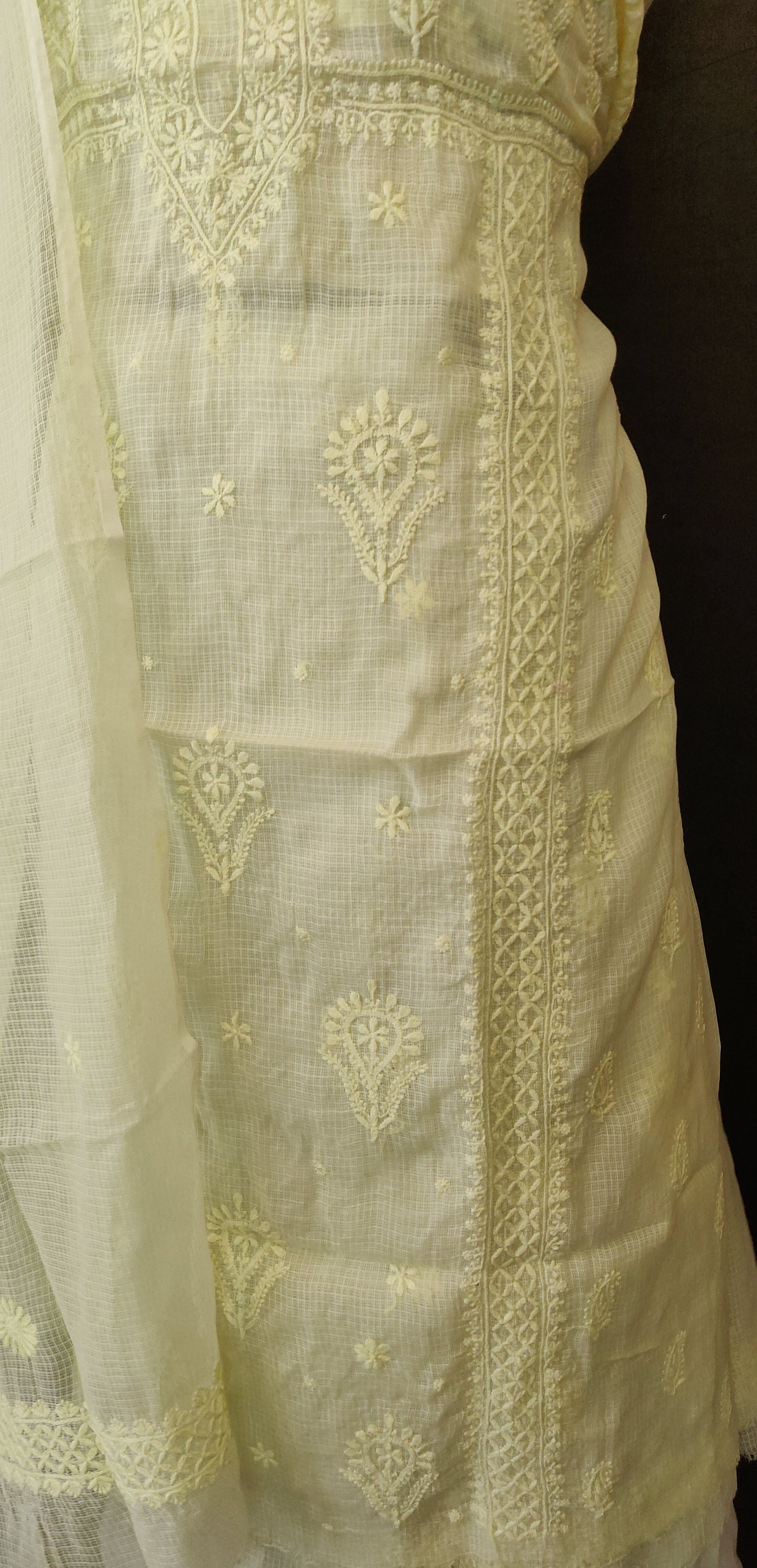 Lemon Yellow Kota Cotton Kurta and Dupatta set with fine Chikankari