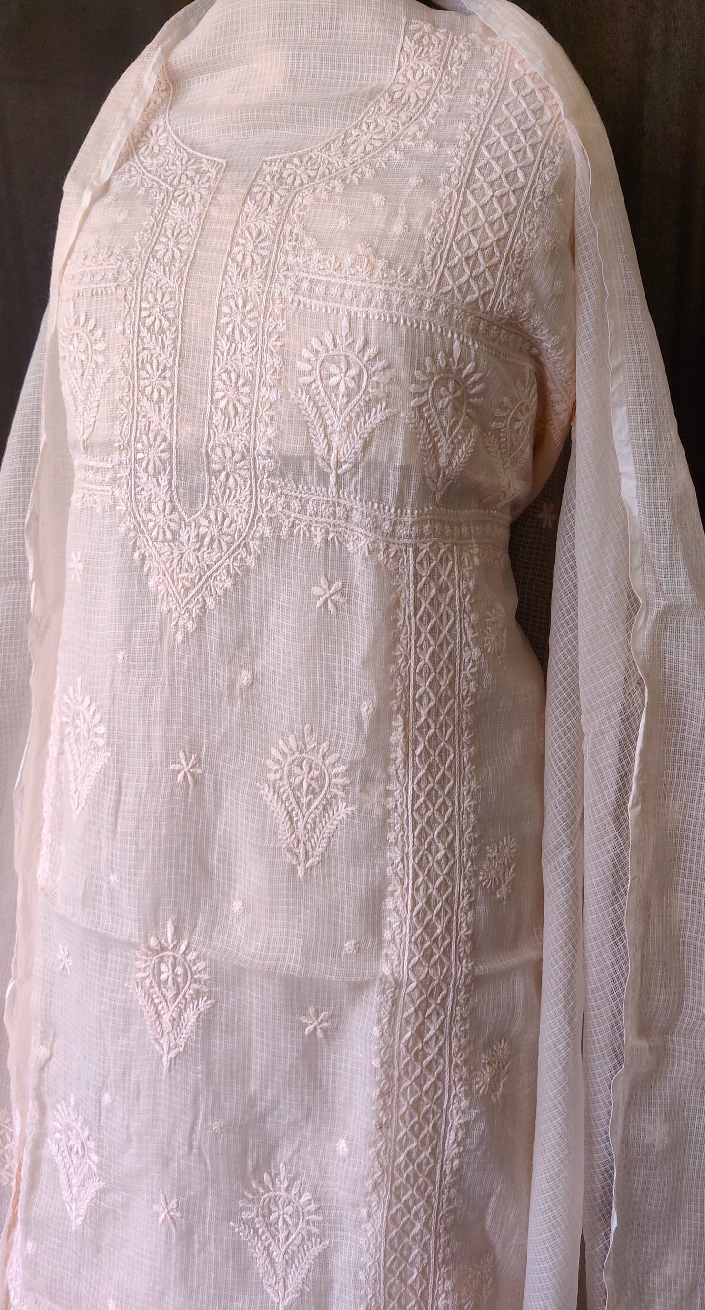Nude Peach Kota Cotton Kurta and Dupatta set with fine Chikankari
