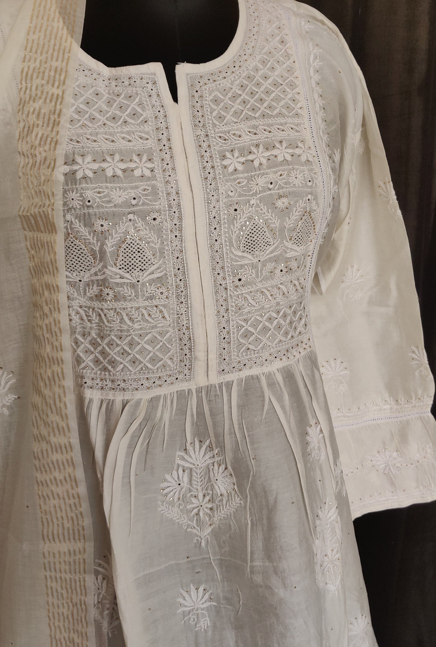 Ivory chanderi silk fine chikankari and mukaish kurta and dupatta