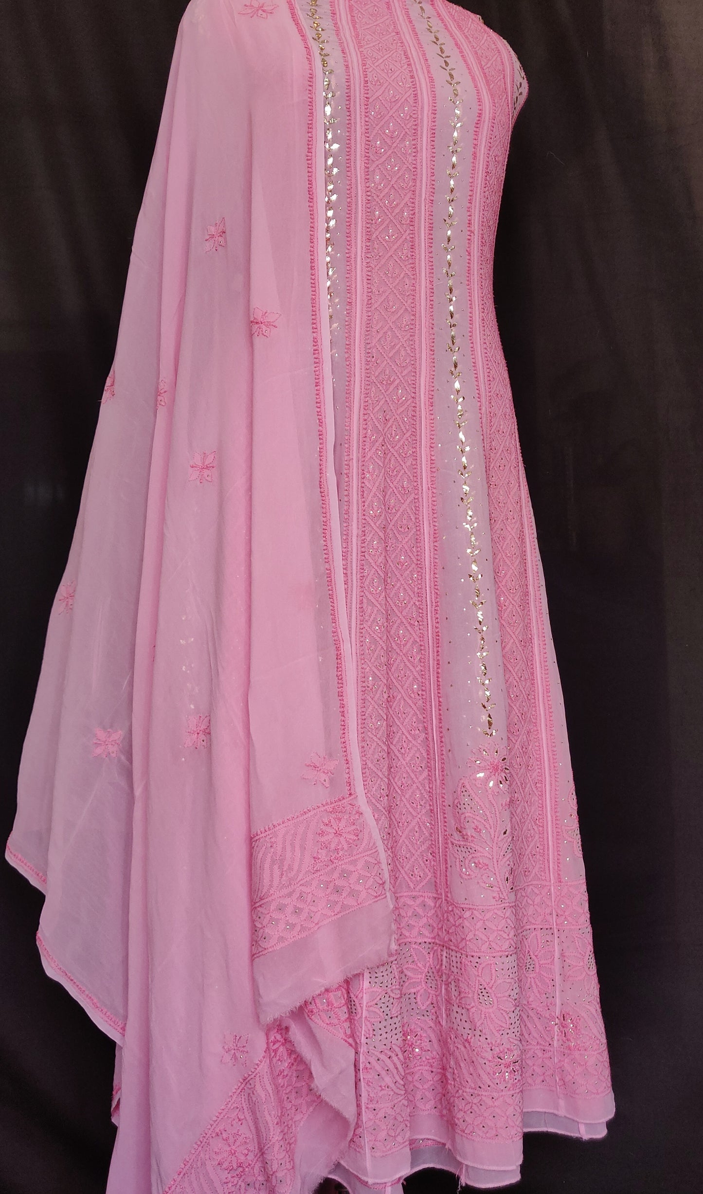Pretty Pink allover Chikankari and badla work anarkali with dupatta