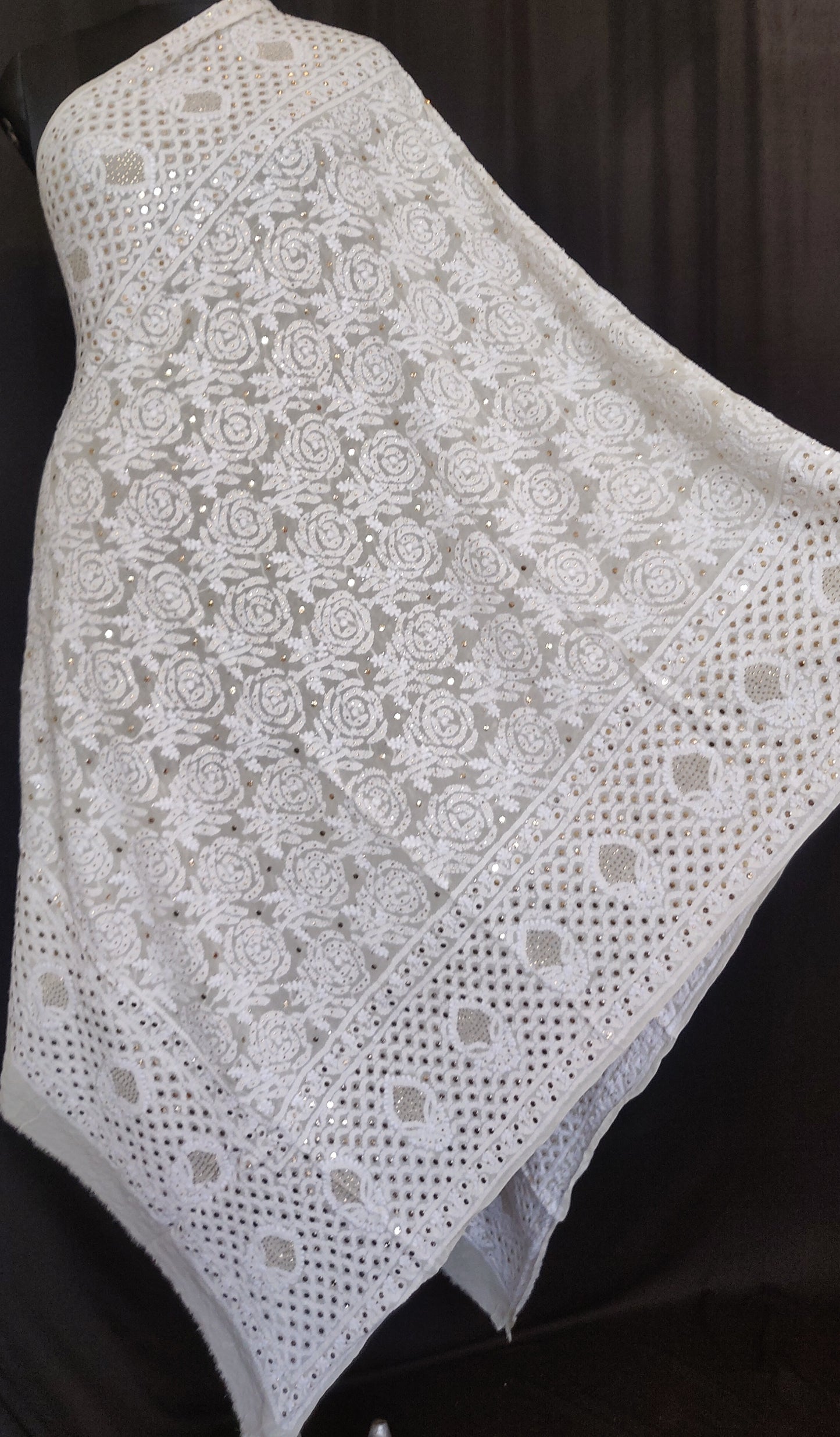 Ruhani ivory Chikankari and intricate mukaish pure georgette dupatta