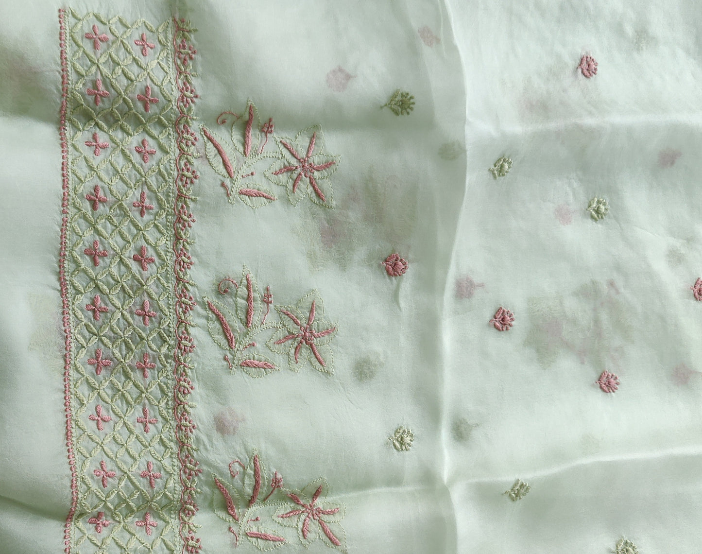Pista Green Pure Organza fine Chikankari kurta with shaded dupatta