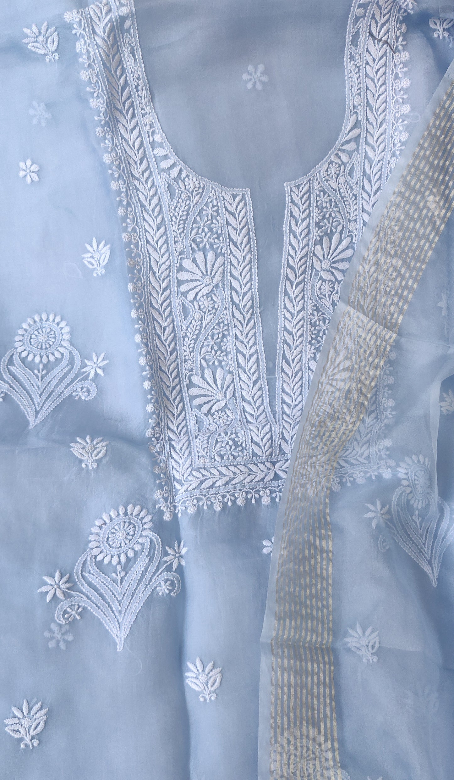 Blue Pure Organza fine Chikankari kurta with shaded dupatta