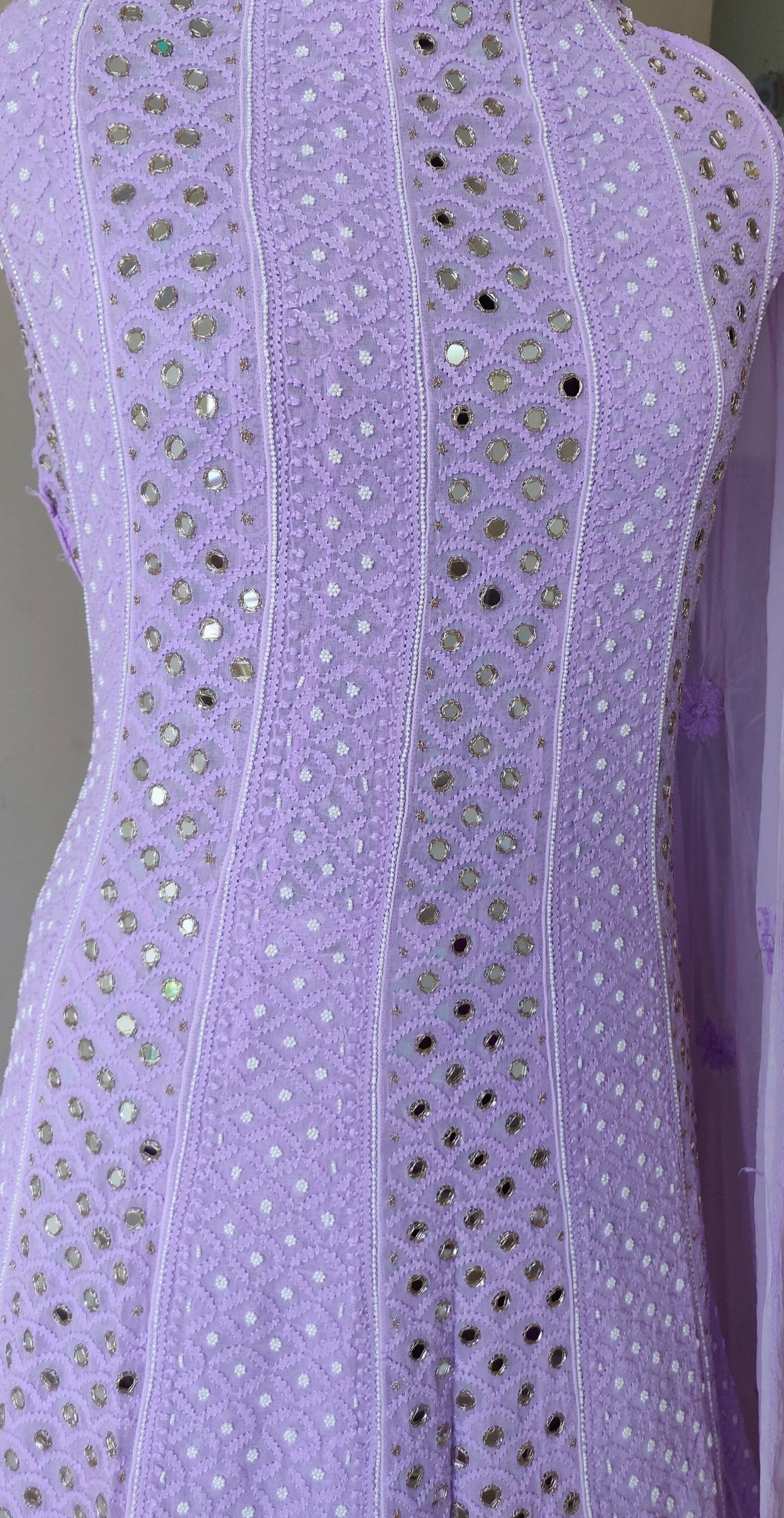 Lavender Chikankari and mirror work anarkali with dupatta