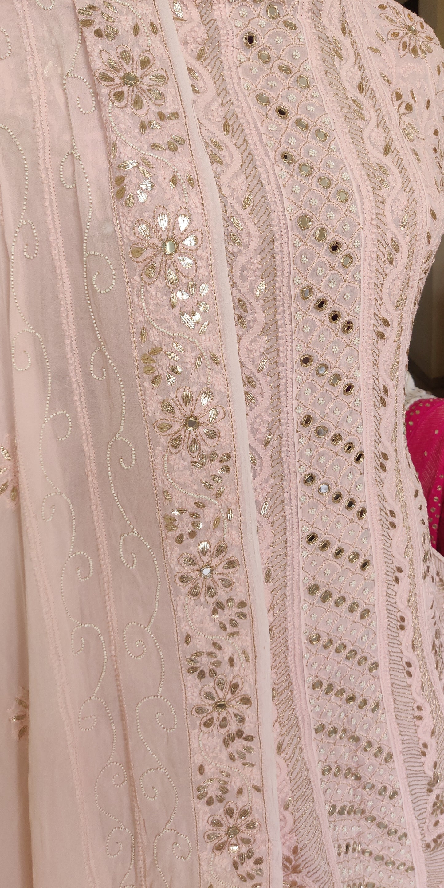 Nude Peach Chikankari and mirror work anarkali with dupatta