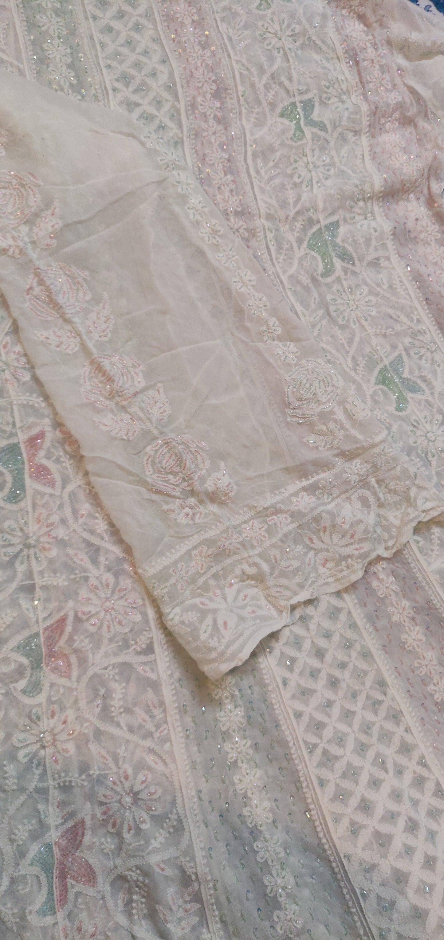 White Chikankari pearl and cut dana anarkali with dupatta