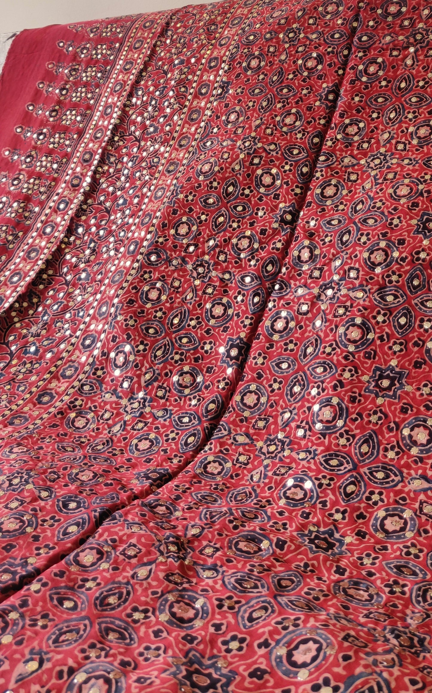 Rust modal silk ajrakh block printed dupatta with heavy mukaish
