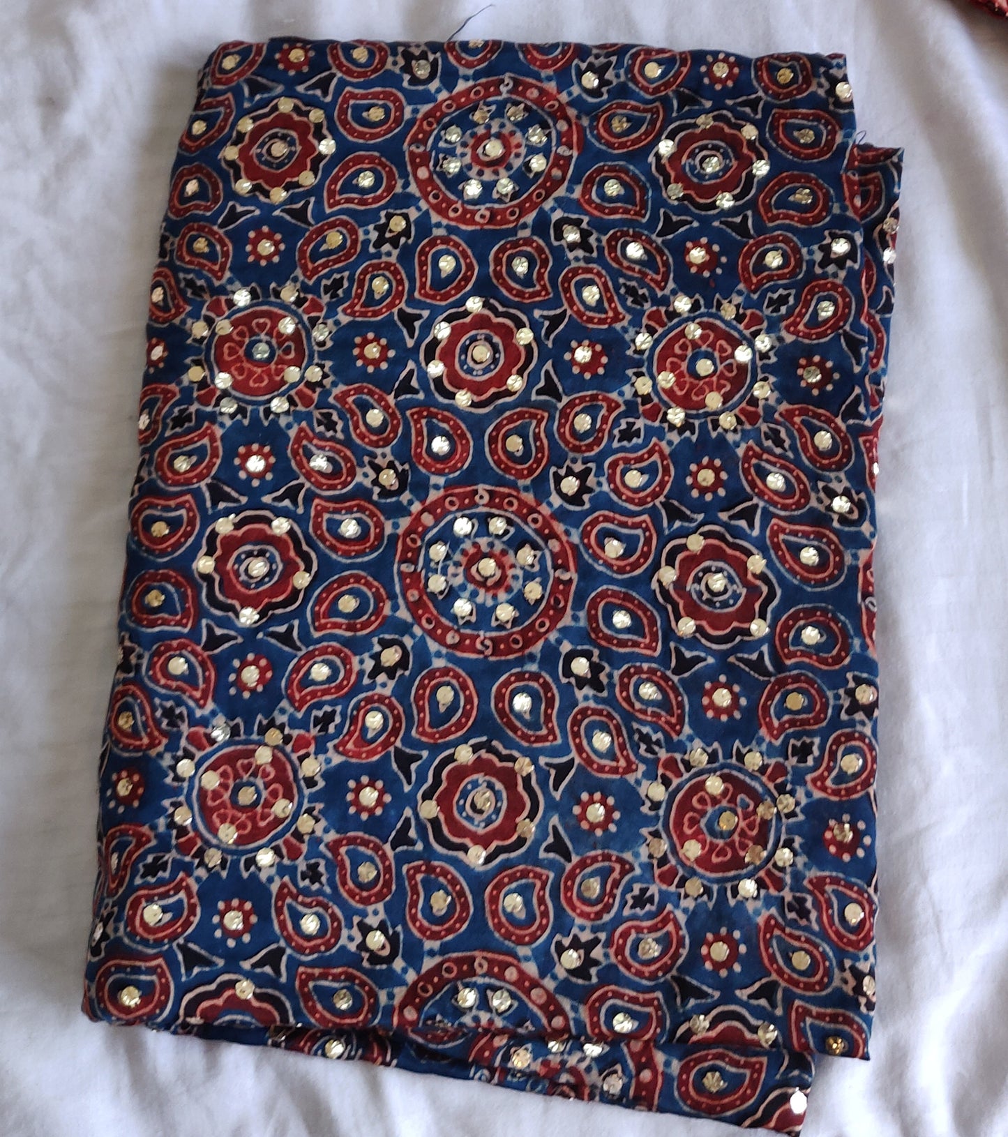 Blue modal silk ajrakh block printed dupatta with heavy mukaish