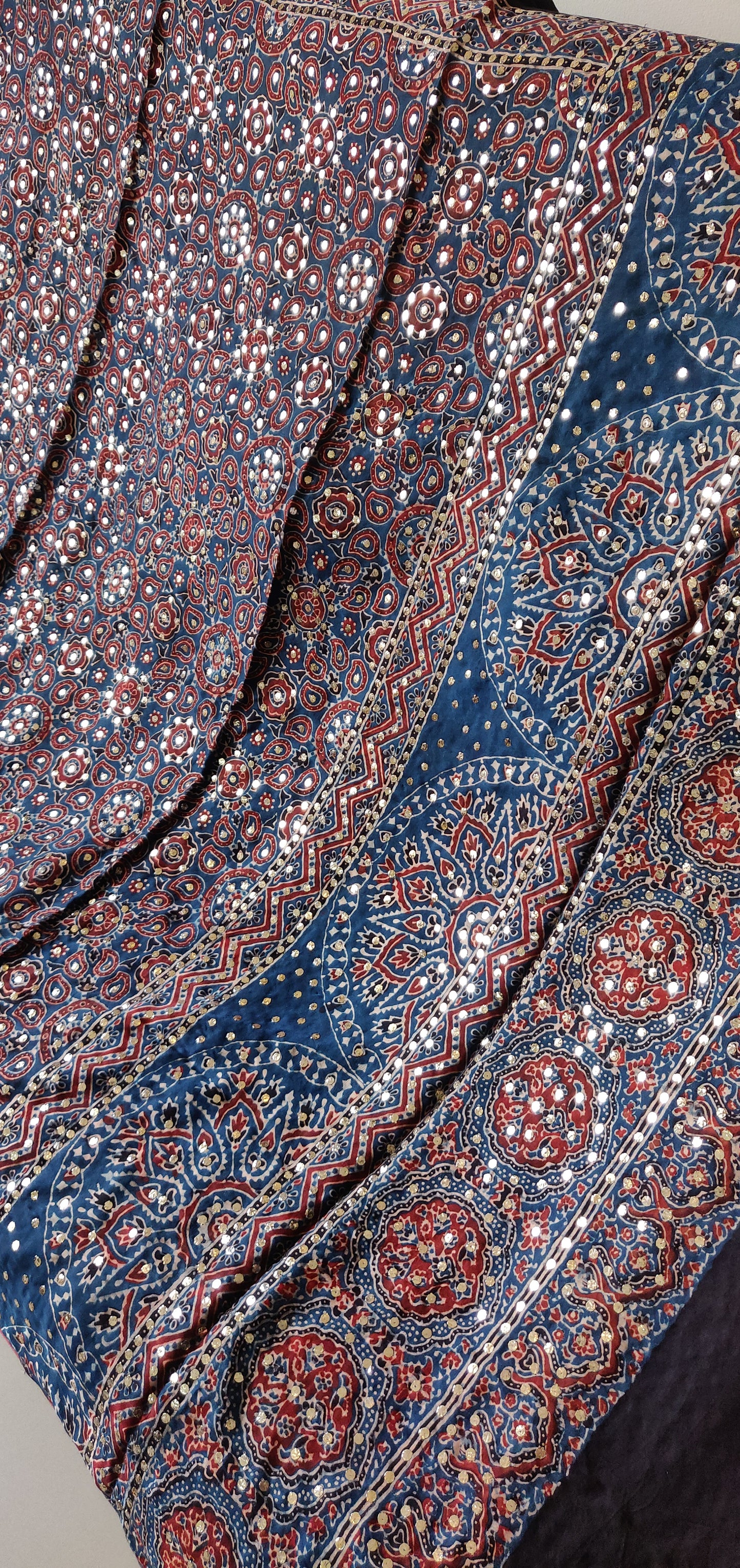 Blue modal silk ajrakh block printed dupatta with heavy mukaish