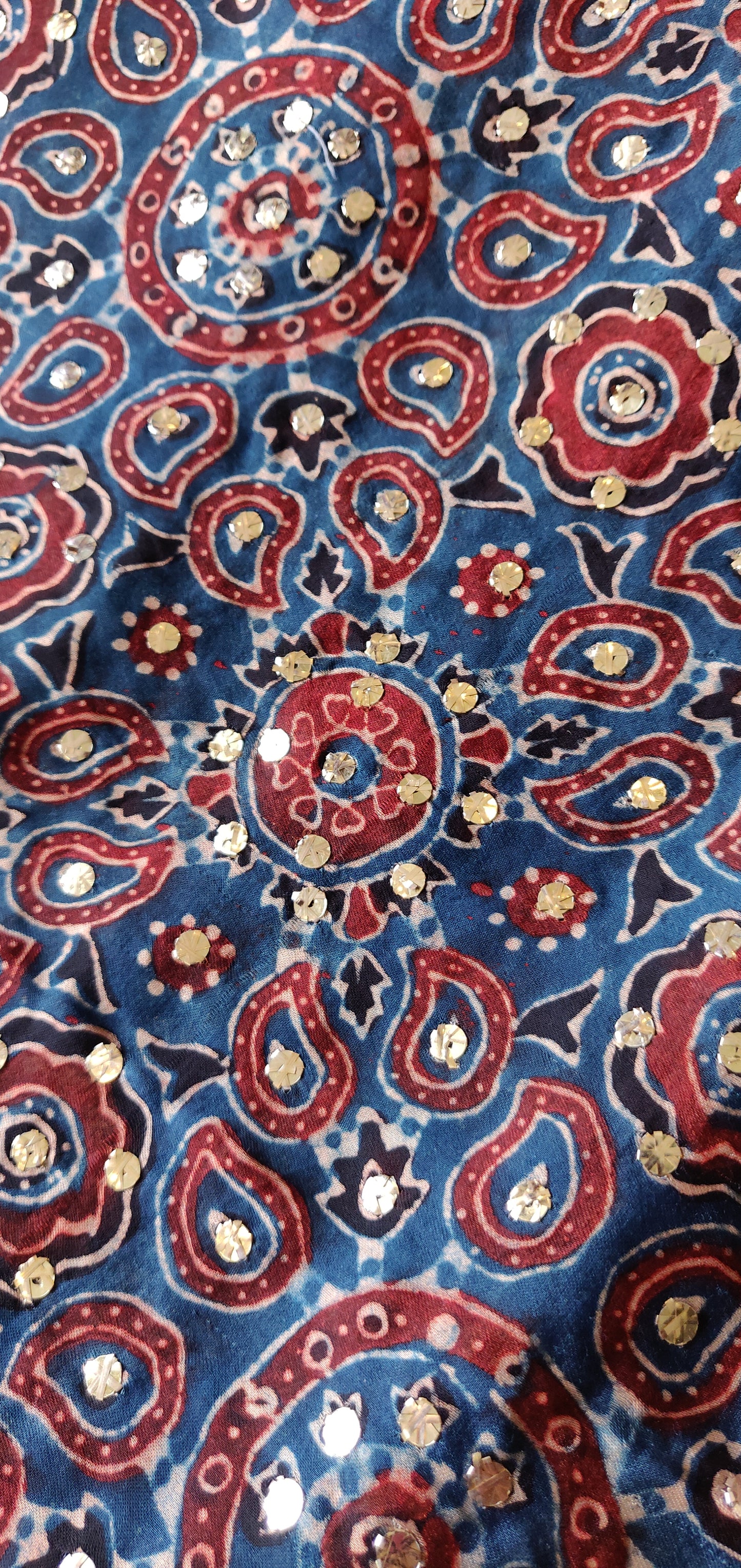 Blue modal silk ajrakh block printed dupatta with heavy mukaish