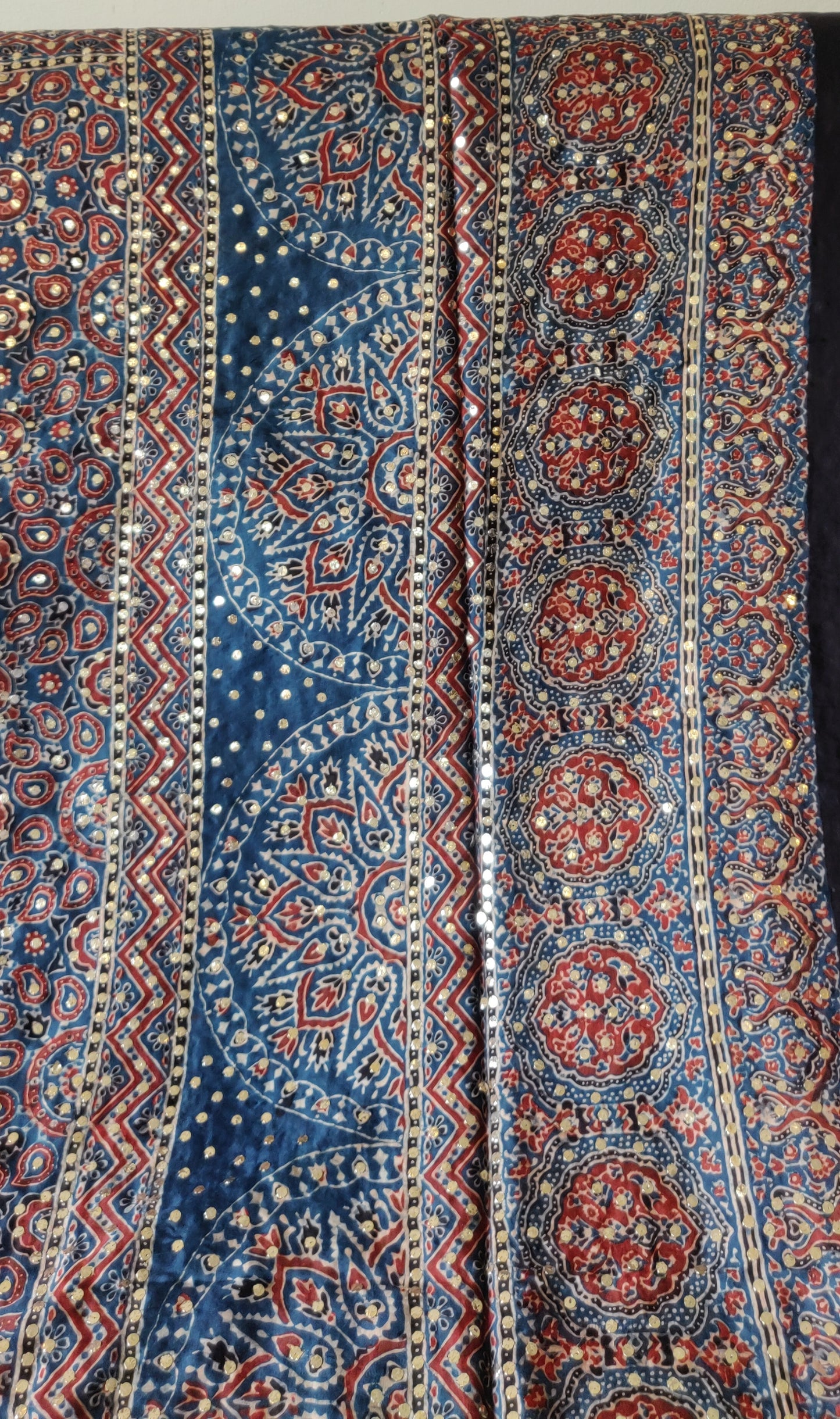 Blue modal silk ajrakh block printed dupatta with heavy mukaish
