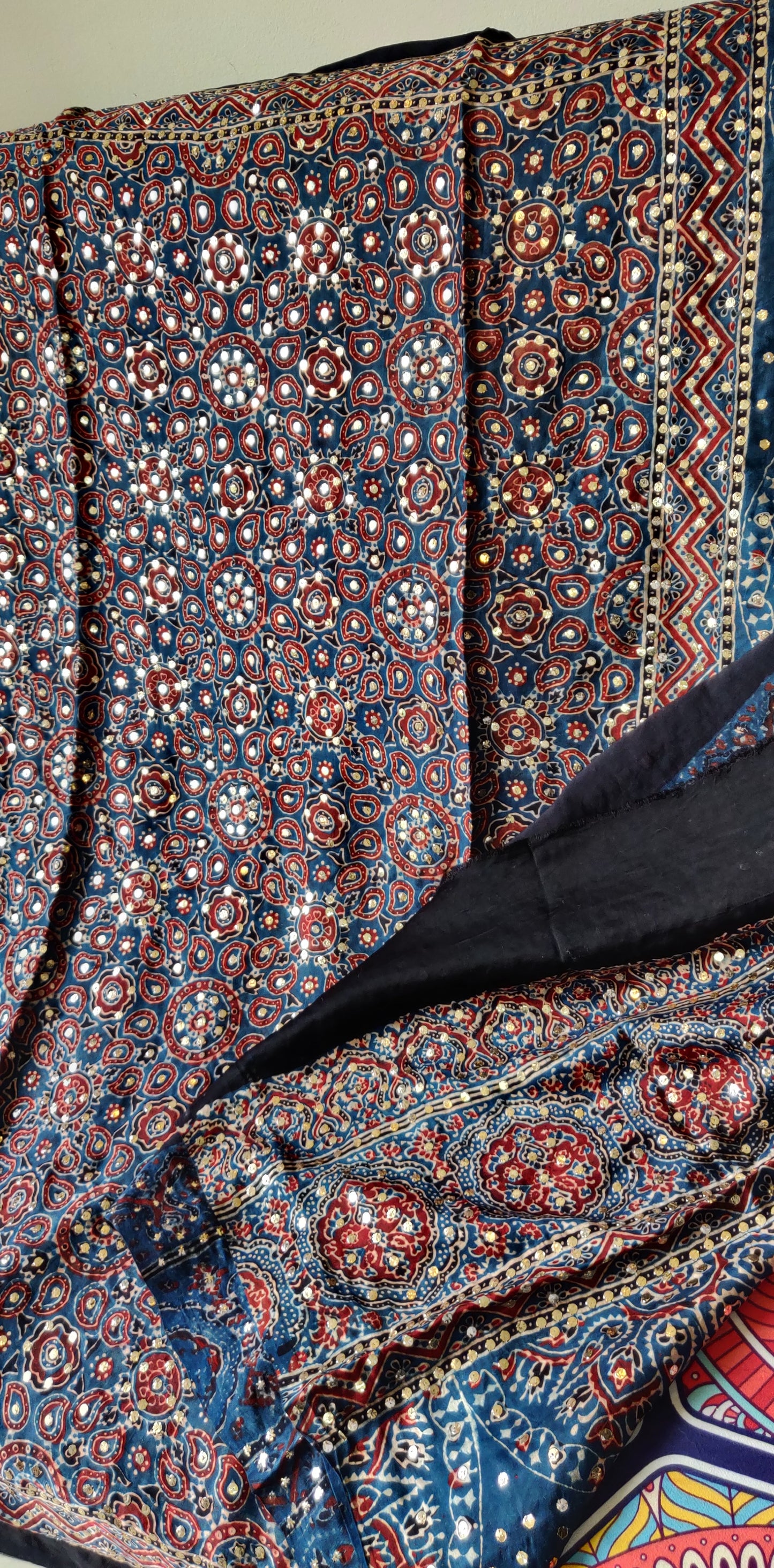 Blue modal silk ajrakh block printed dupatta with heavy mukaish