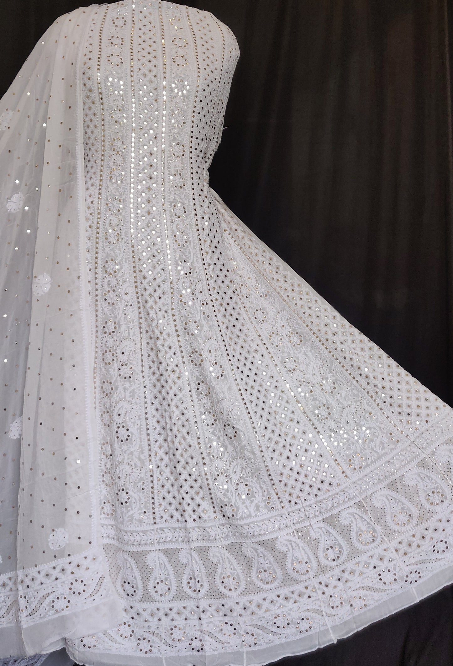 White allover Chikankari and heavy mukaish anarkali with dupatta