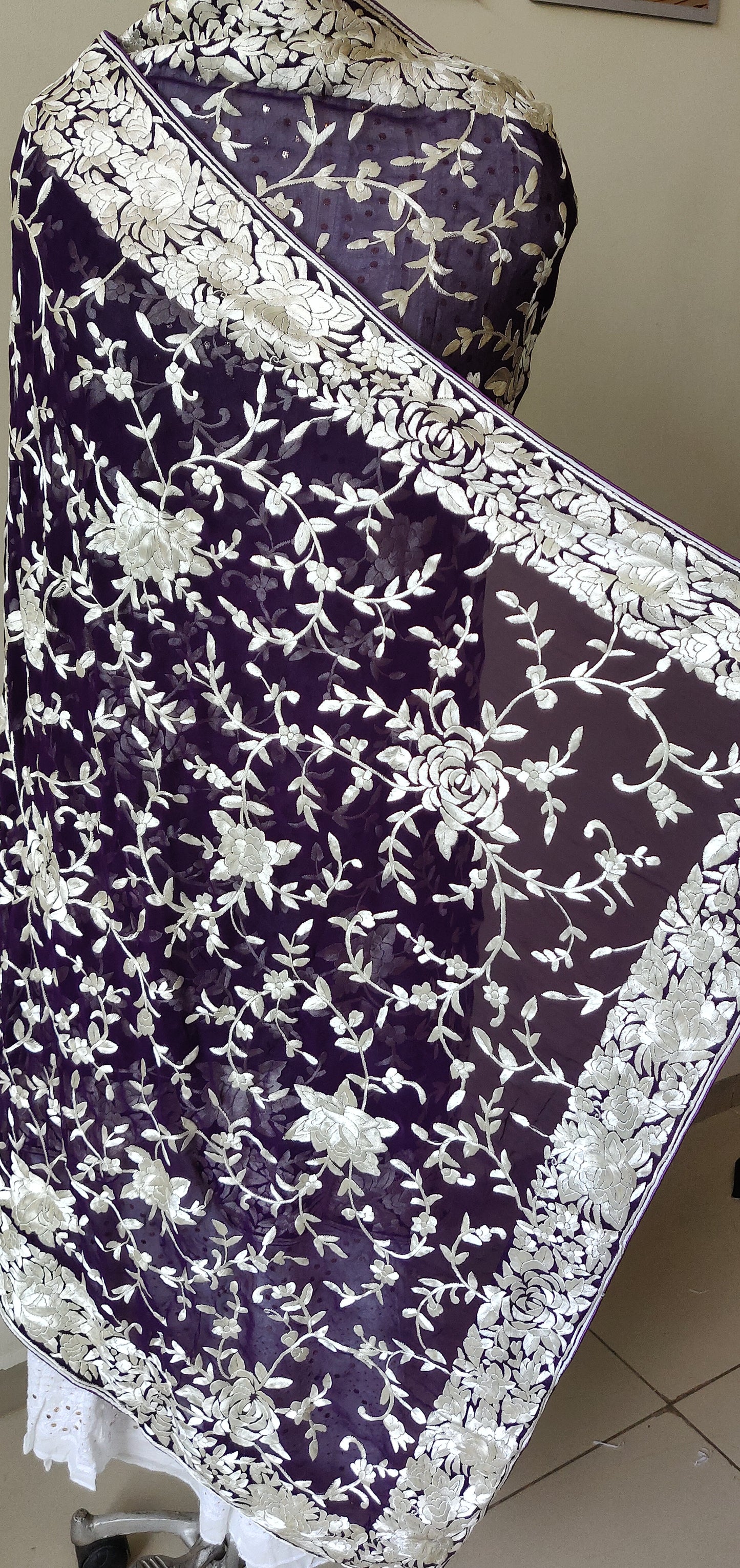 Purple pure georgette heirloom dupatta with allover masterpiece parsi gara