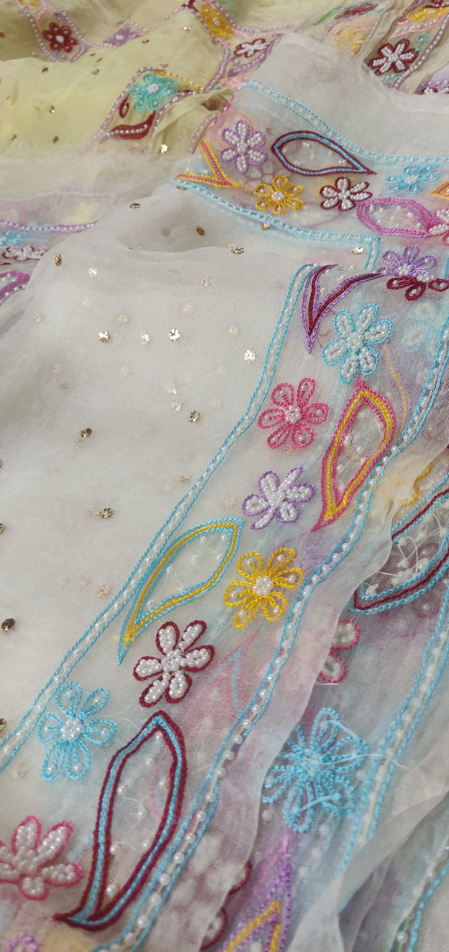 Off white pure Organza allover mukaish and designer border dupatta