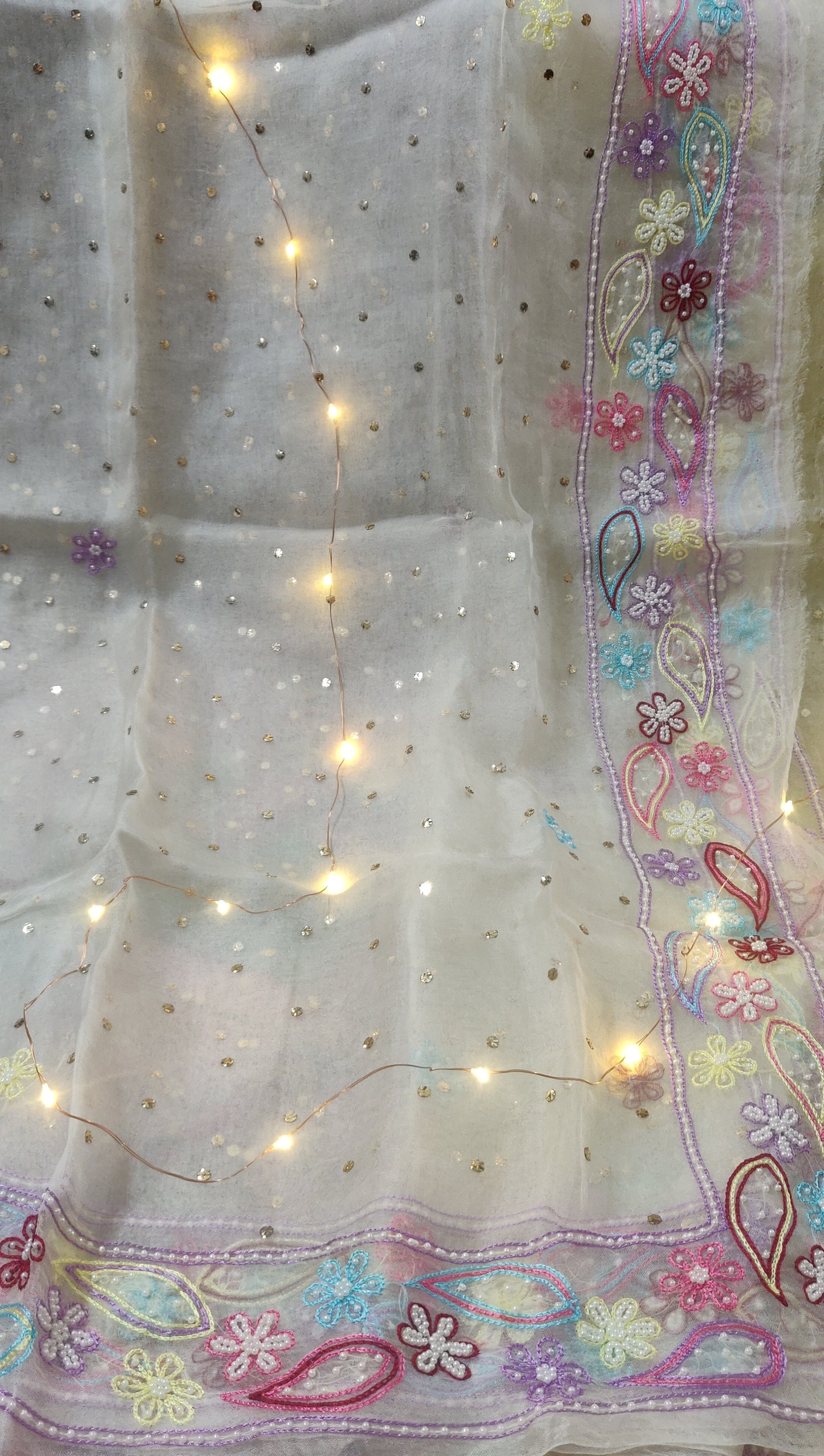 Off white pure Organza allover mukaish and designer border dupatta