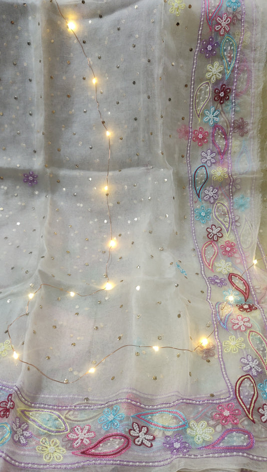 Off white pure Organza allover mukaish and designer border dupatta