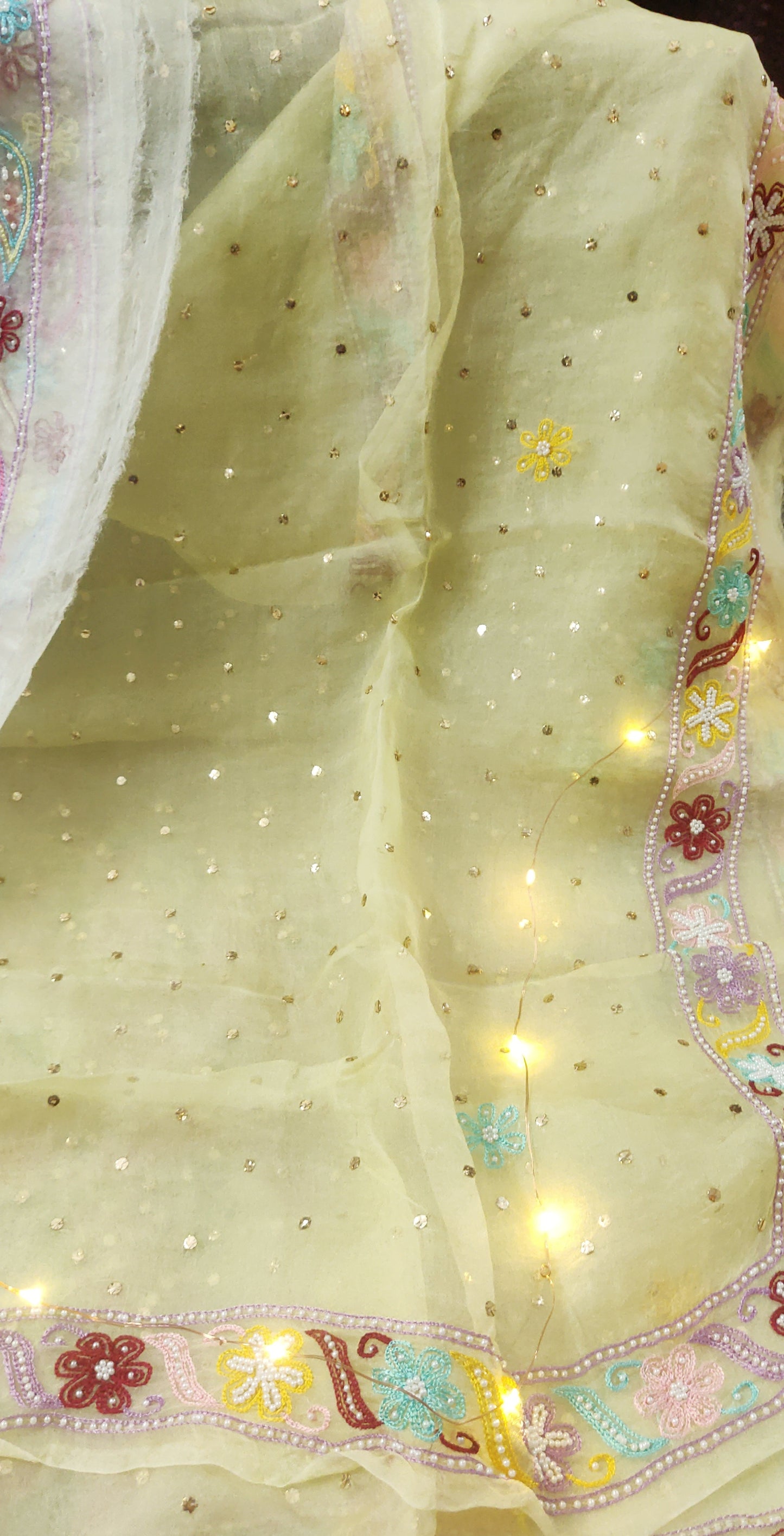 Lemon pure Organza allover mukaish and designer border dupatta