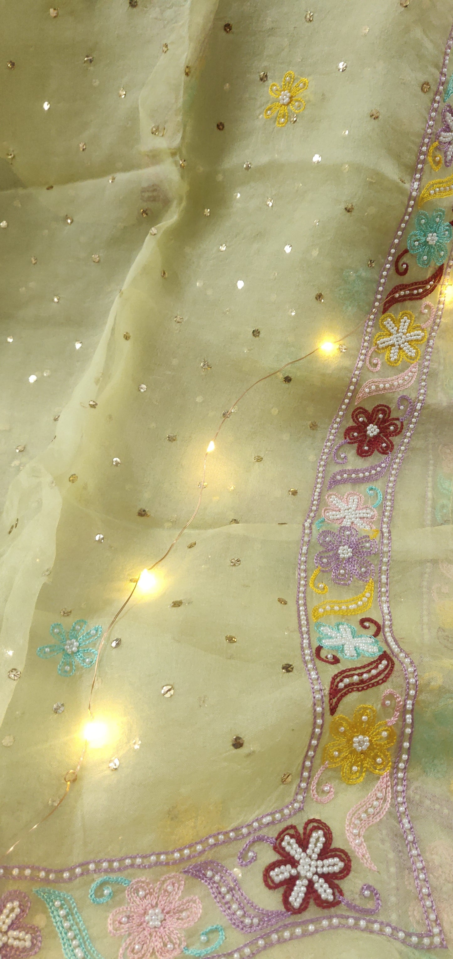 Lemon pure Organza allover mukaish and designer border dupatta