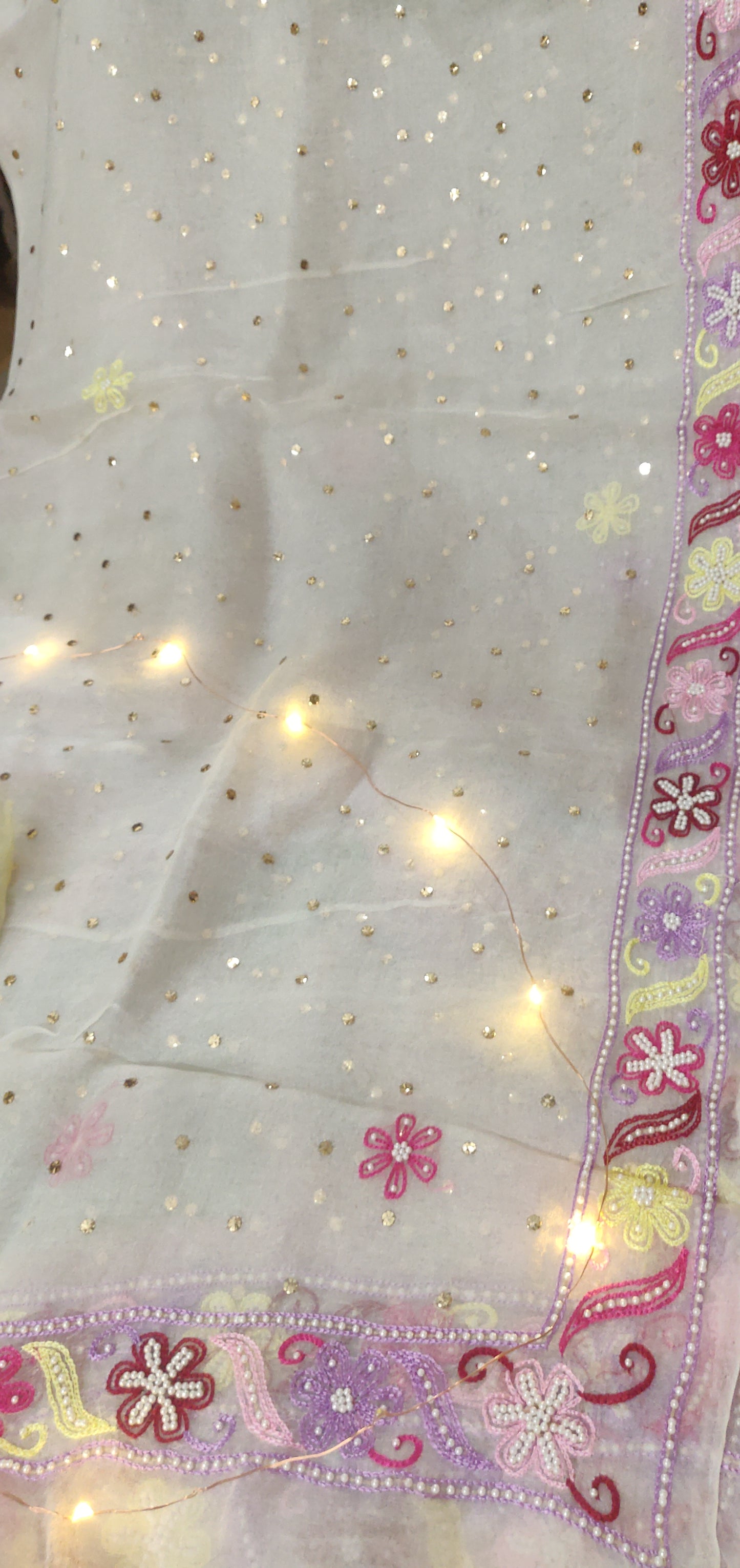 Off white pure Organza allover mukaish and designer border dupatta