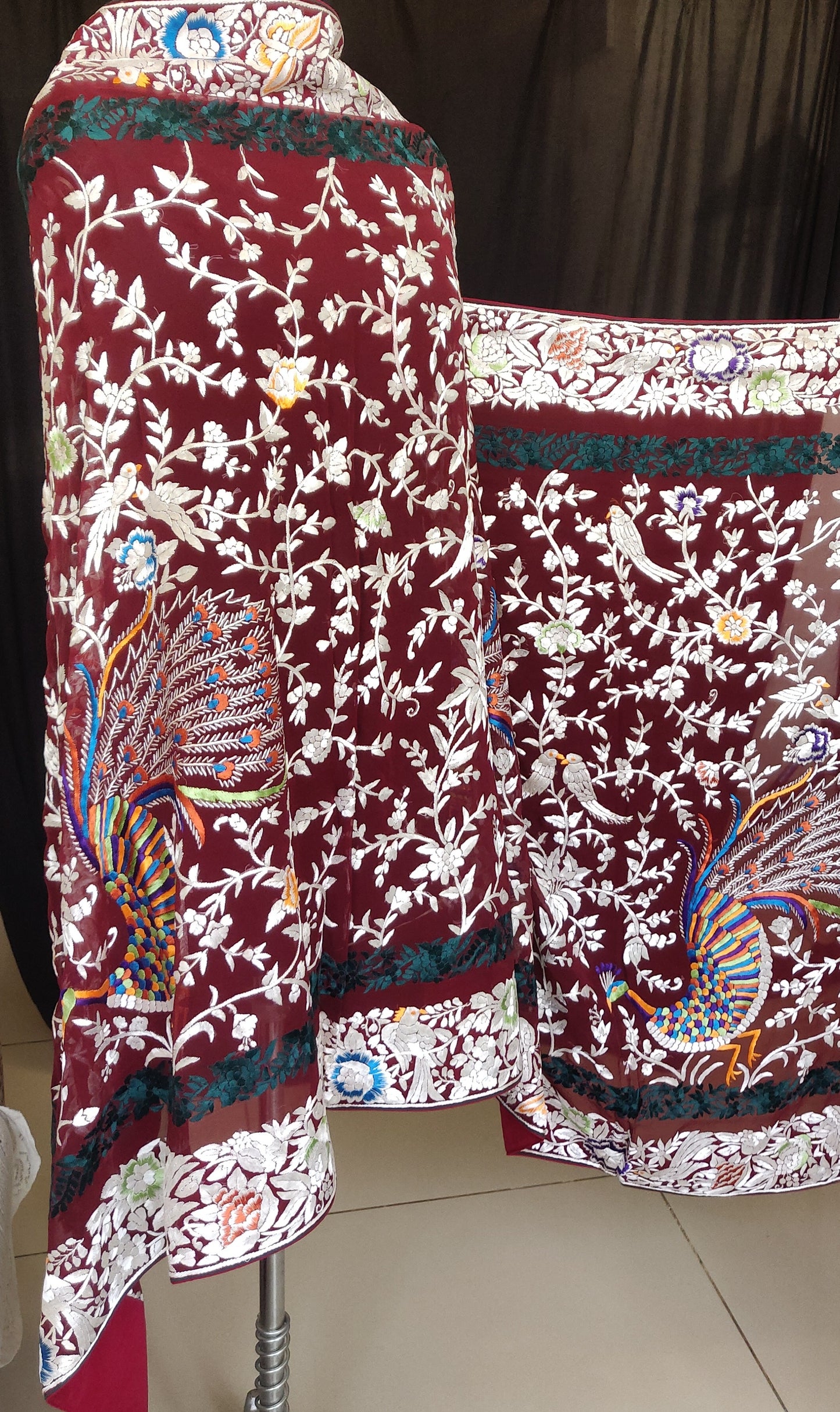 Deep maroon masterpiece parsi Gara hand embroidered dupatta